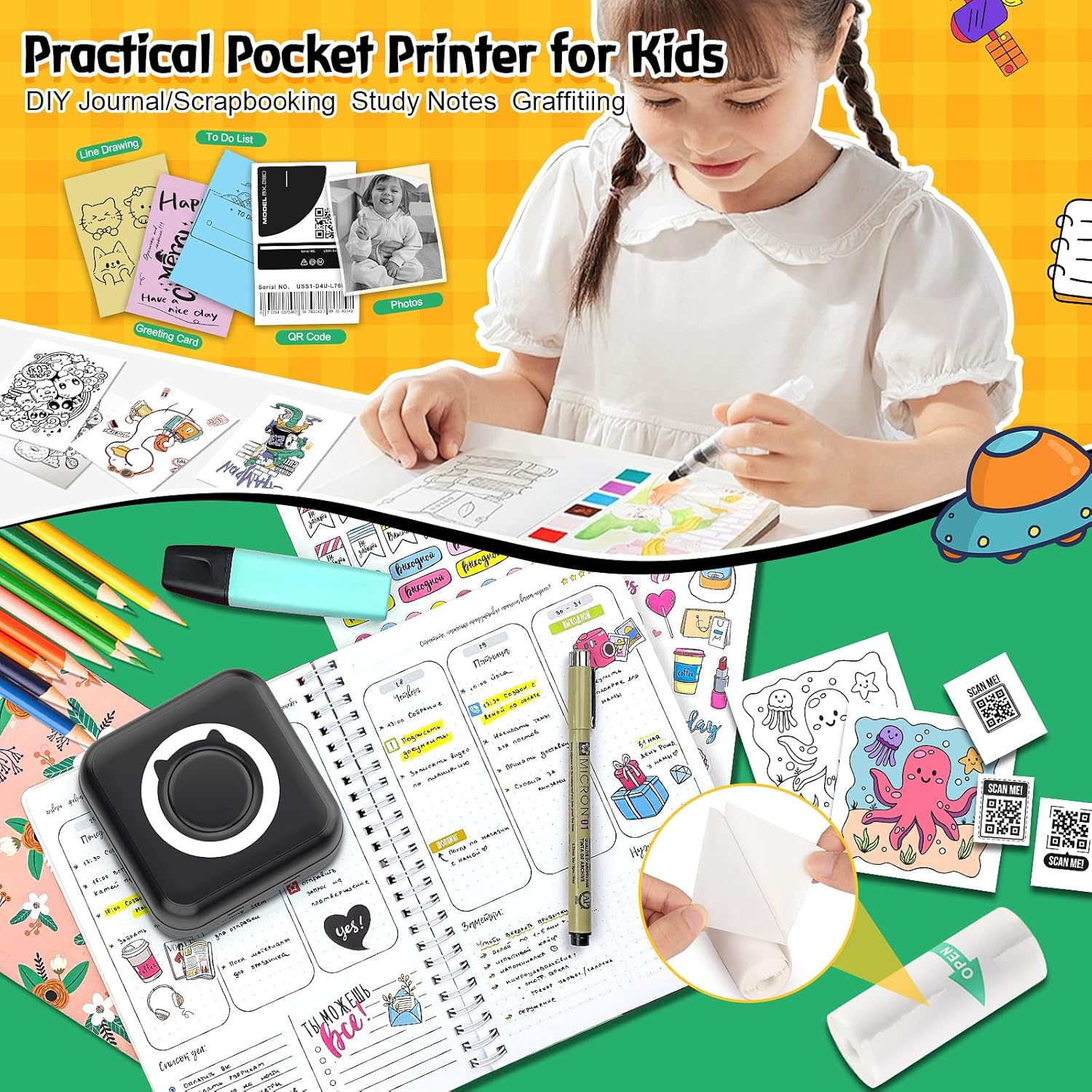 QYCHHJ Inkless Mini Printer for Iphone/Android/Tablet, Bluetooth Mini Thermal Printer with 8 Rolls Thermal Paper, Portable Sticker Printer for Study Notes Journal Memo Photo Picture, Black