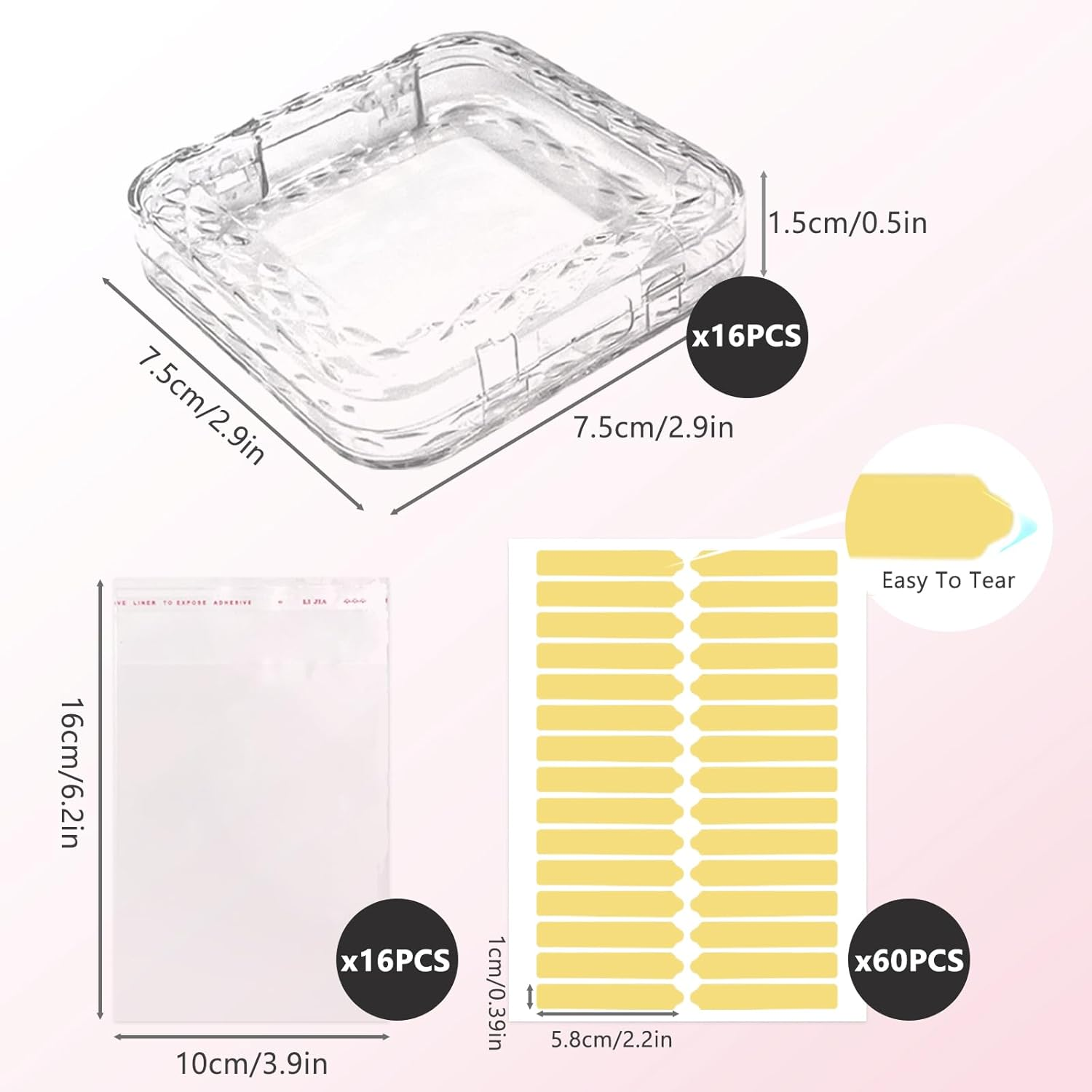 Daily Treasures 92Pcs Press on Nails Packaging Set,16Pcs Rhombic Nail Storage Box(7.5&times;7.5Cm)&60Pcs Upgraded Double Sided Tape &16Pcs Self-Adhesive Bags,Transparent False Nail Display for Nail Business image number 1