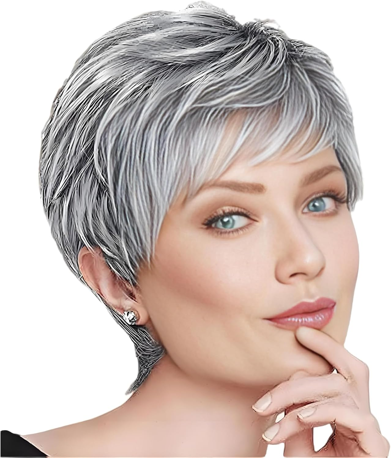 Becus Blonde Wig Short Women'S Pixie Cut Fluffy Synthetic Wig Short Hair Blonde Ombre Dark Root Layered Hair with Fringe Wigs for Women Daily Use (Ash Blonde)