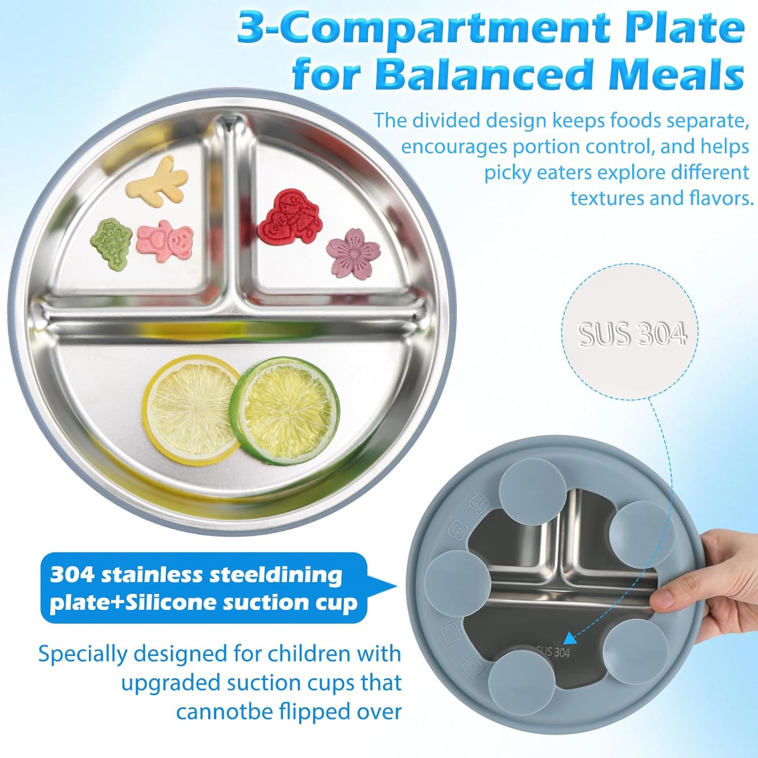 Silicone Feeding Set,Stainless Steel Suction Plate,Baby Utensil Set.Include a Spoon,A Fork, a Plate,A Stainless Steel Kids Bowl. image number 3