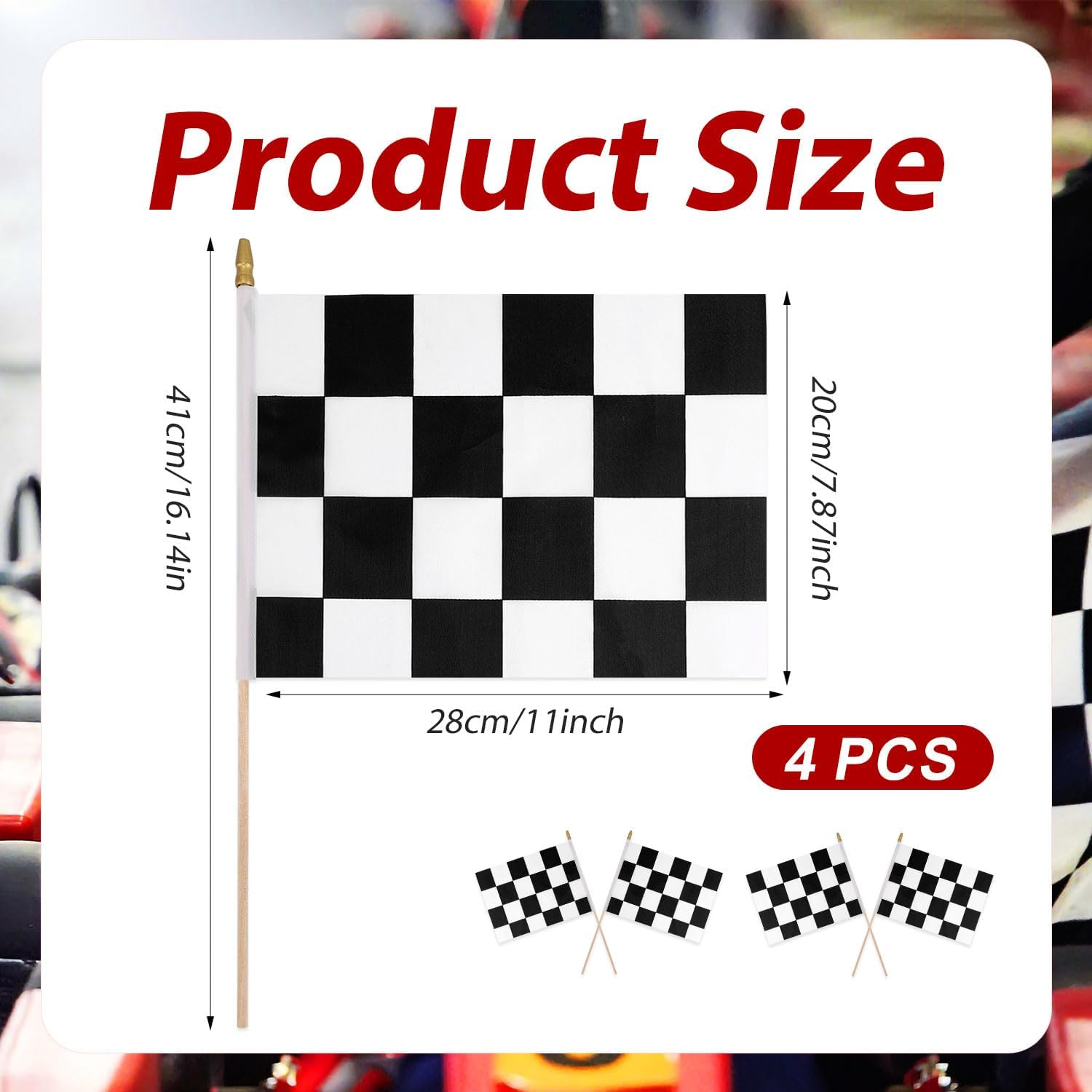 4Pcs Checkered Stick Flags, 11X7.87In Racing Flags with round Spear Top Reusable Black and White Double Sided Printing Racer Flag for NASCAR Race Car Party Sport Events Decorations Supplies image number 4