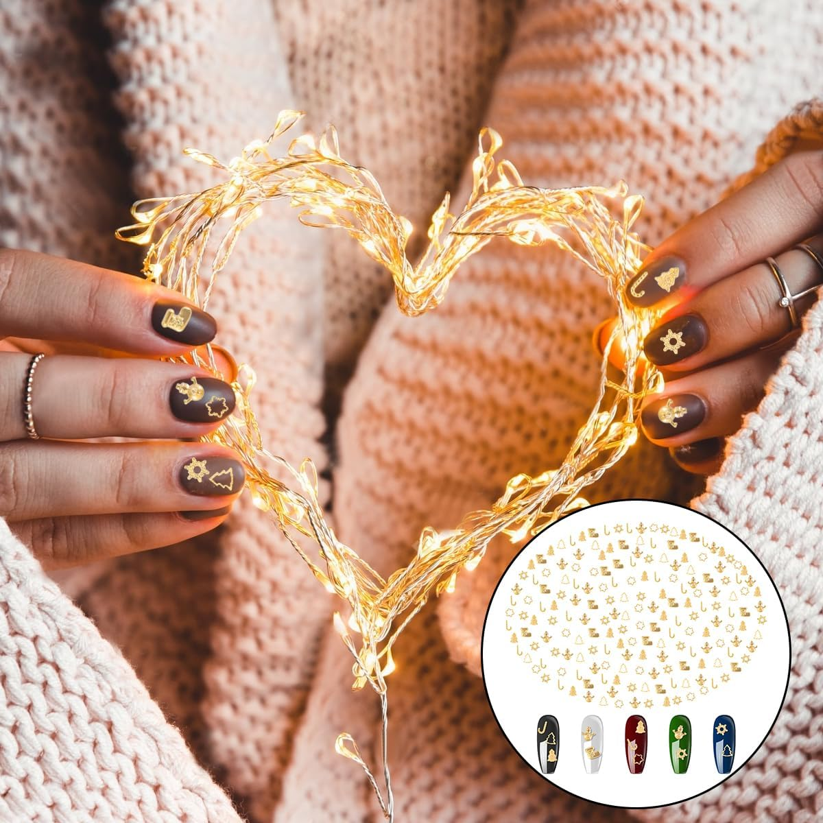 Christmas Nail Charms, 300 PCS 3D Gold Snowflake Xmas Tree Star Christmas Nail Jewelry Charms for Home DIY Art Craft (6 Style) image number 1