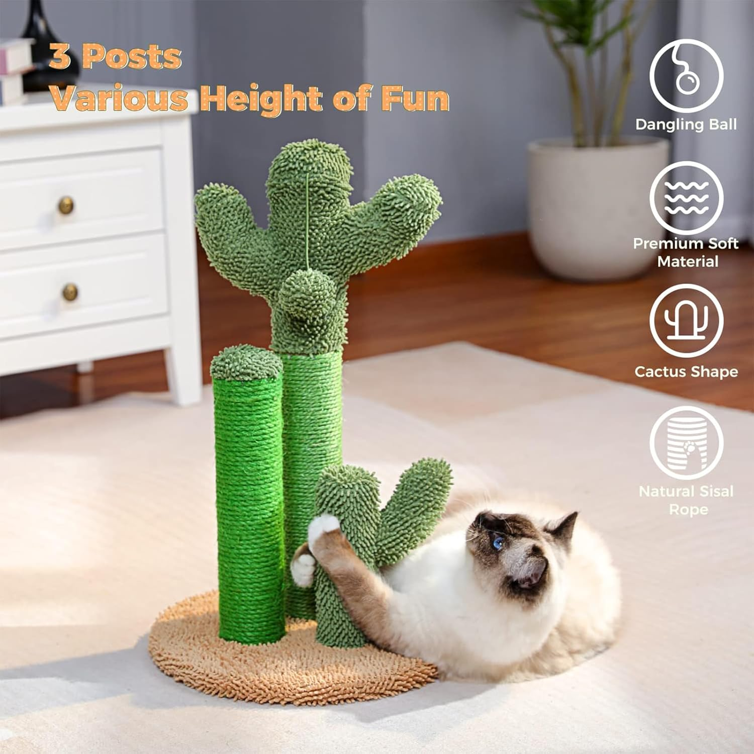 Cozioz Cactus Cat Scratching Post - Medium 53Cm - 3 Scratching Poles with Interactive Dangling Ball ，Cat Tree image number 2