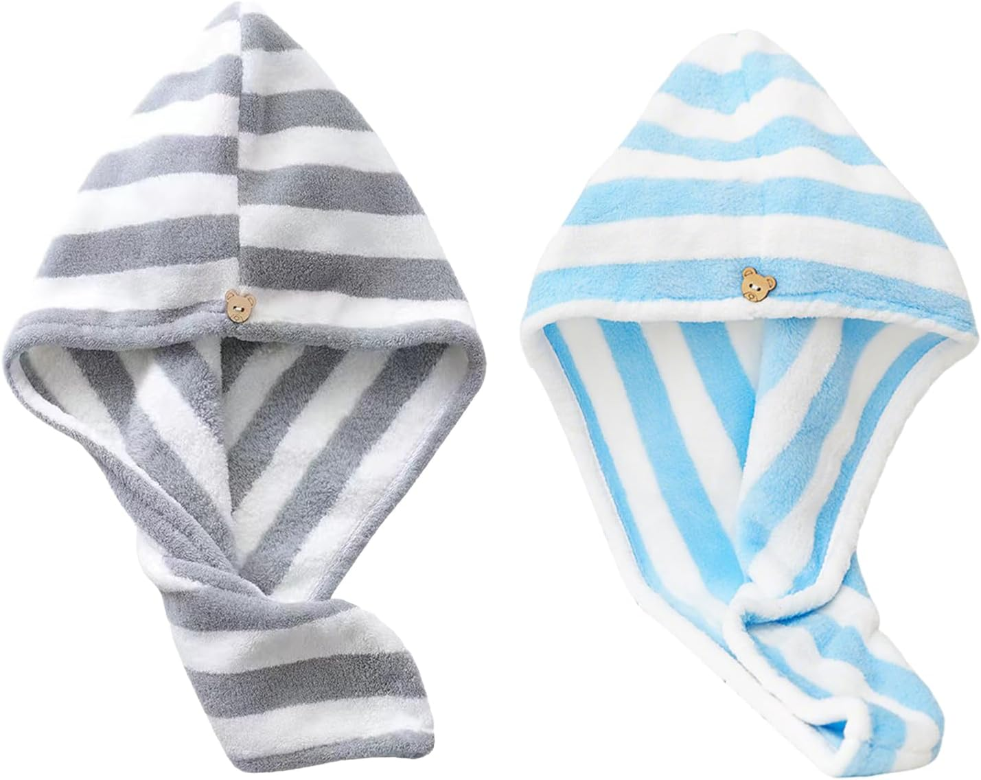 Hzqzaoan 2Pcs Fast Dry Microfibre Hair Towel - Hair Towel Wrap for Women | Super Absorbent Microfiber Towel with Button for Quick Drying & Gentle Hair Care (Pink+White/Pink+Lavender Stripes)