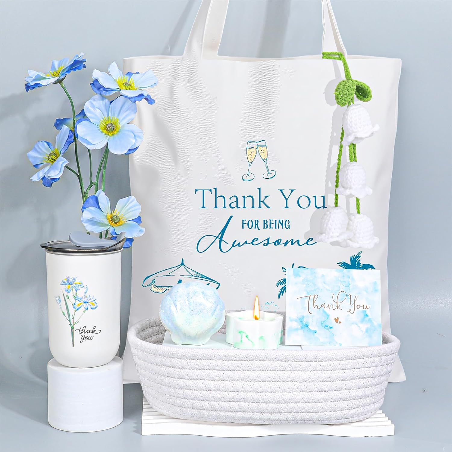 Pengtai Thank You Gift for Women,Appreciation Gift Set with Tote Bag, Stainless Steel Tumbler, Candle, Bath Bomb, Card, Lily of the Valley Decor & Basket for Boss,Teacher, Coworker, Friend