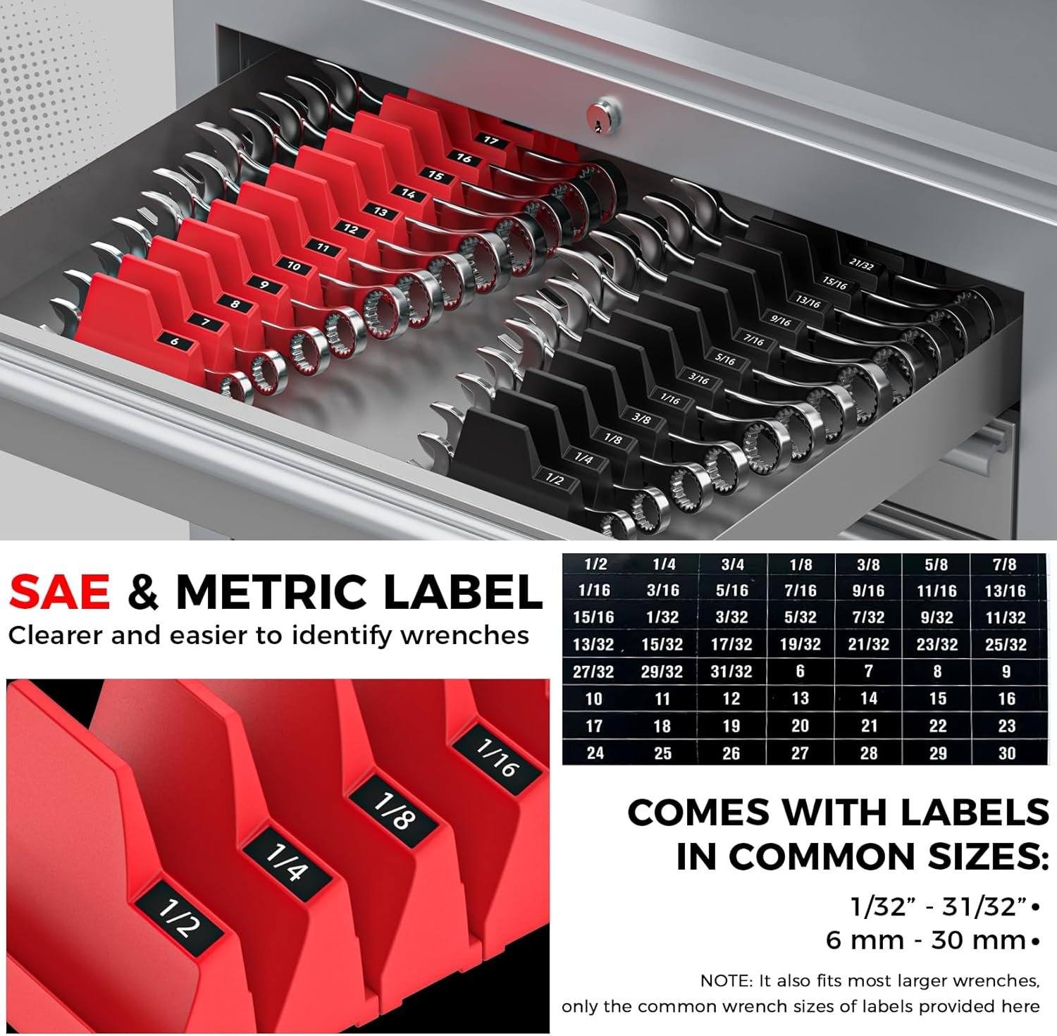 PINOZE 42PCS Magnetic Modular Wrench Organizers for Tool Drawers - Black & Red - Wrench Rack with Metric & SAE Labels, Customizable Magnet Tool Storage Holder for Tool Box Organization image number 3