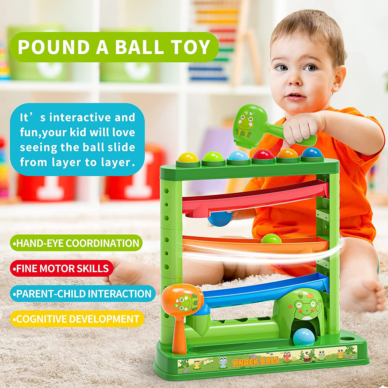 Toddlers Toys for 1 2 3 Years Old Kids, Pound a Ball Toys Included 2 Hammer & 12 Balls, Montessori Toys for 12-18 Months Baby, Interactive Game for Boys and Girls, Early Learning Educational Gift image number 1