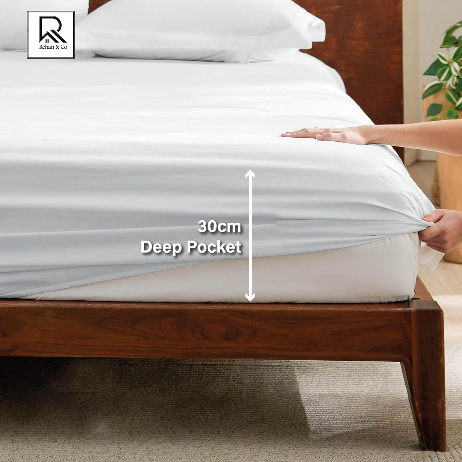 Rehan & Co 100% Egyptian Cotton Fitted Sheets 300 Thread Count Breathable Hotel Qulaity Bedding 12&rdquo; / 30Cm Deep Fitted Bed Sheet. (White Fitted Sheet, King) image number 5