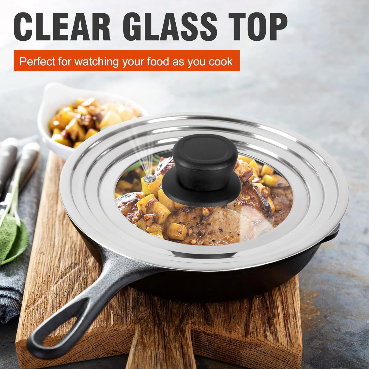 Komokeru Universal Lid for Pots and Pans Skillets, Stainless Steel Pan Cover Fit Fits 6-7-8 Inch Cookware, Large Replacement Frying Pan Cover, Cast Iron Skillet Pot Lids with Heat Resistant Knob image number 3