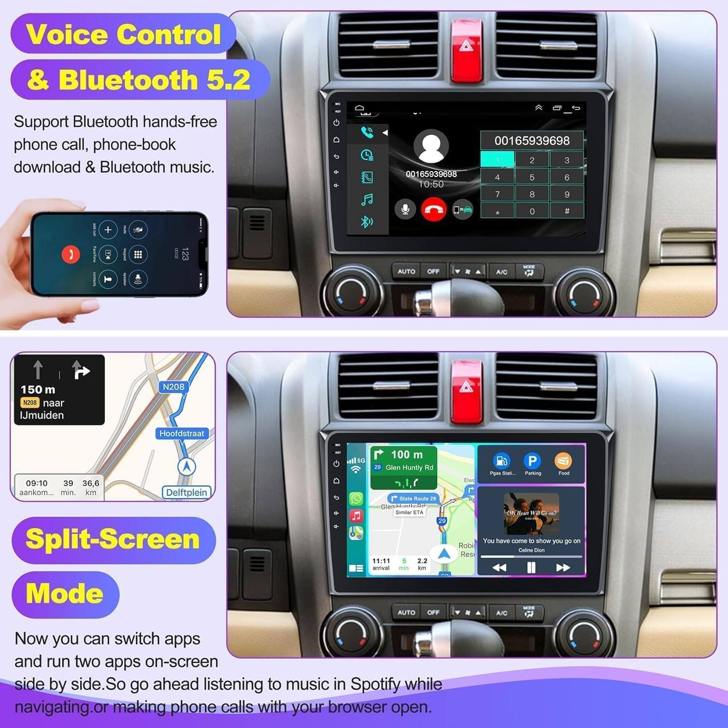 4G+64G Android 12 Car Radio for Honda CRV 2007-2011, 9'' Head Unit Stereo with Wifi/5G, Wireless Carplay+Android Auto, GPS Navigation, Bluetooth5.2, 1080P Rear Camera, Touch Screen, SWC, FM Radio image number 1