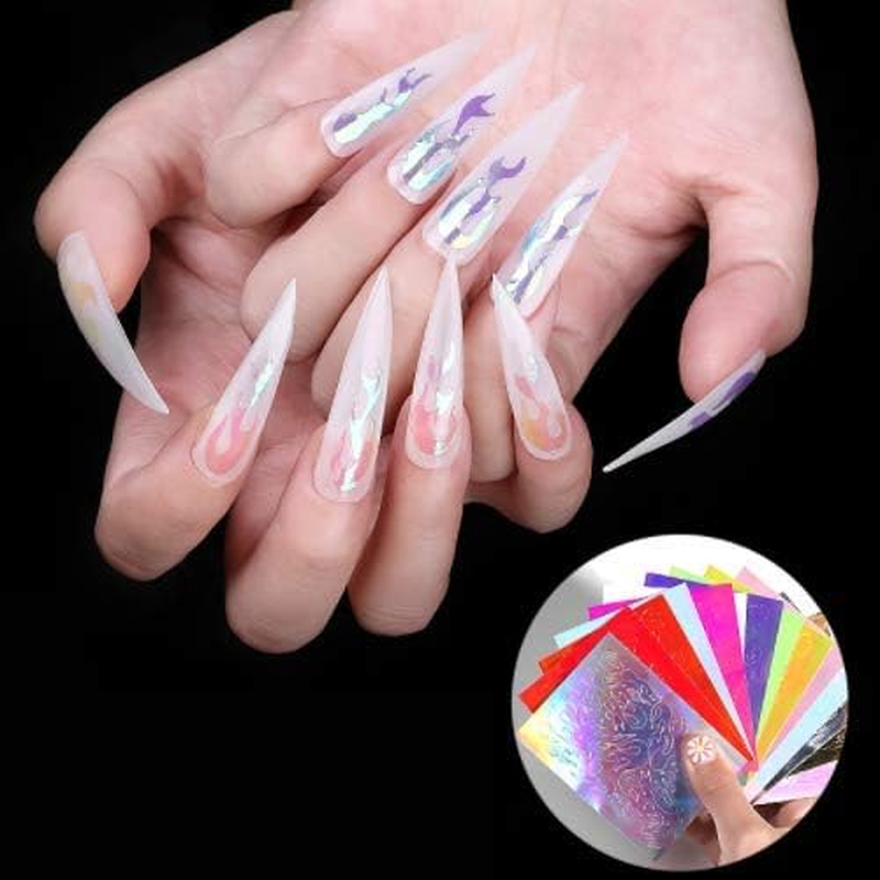 Aeyistry 16 Sheets Flame Reflections Nail Art Stickers Flame Holographic Nail Decals for Nails Foils Adhesive Decoration(Mixed Colors) image number 2