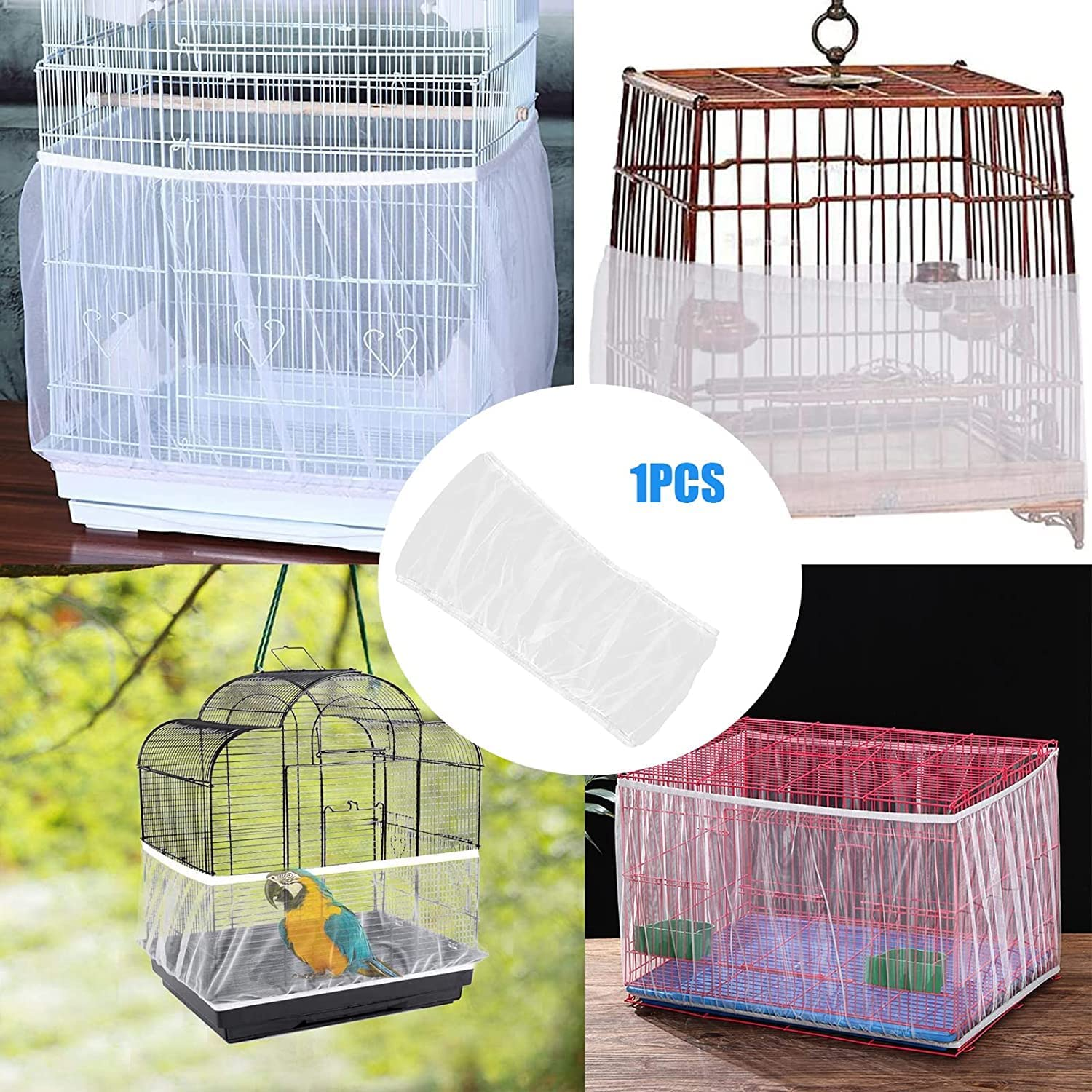 Bird Cage Cover,Bird Cage Seed Catcher,Nylon Mesh Protective Net,Stretchy Shell Skirt Style,Reusable,Washable,Ventilated and Dustproof (White L) image number 1