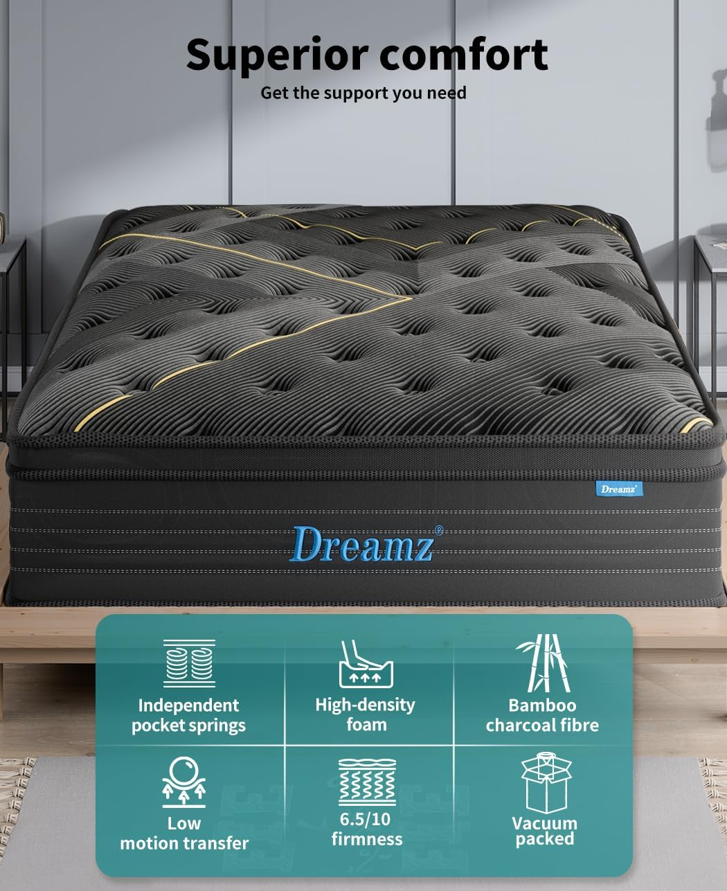 Dreamz Queen Spring Mattress Bamboo Charcoal, Knitted Fabric Pocket Bed Sleep, HD Egg Crate Foam Euro Top Firm Coil Bedding Home, Breathable Top,Vacuum Packed, 35CM Thickness,15Yrs Warranty, Black image number 1