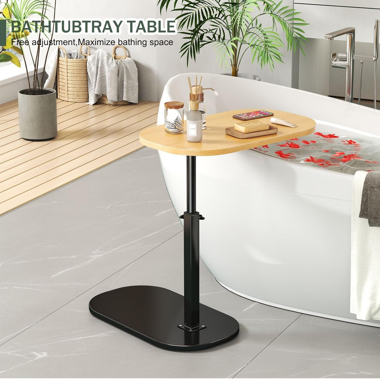 C-Shaped End Table with Adjustable Height,Sofa Tray Table Perfect for Sofa, Laptop, Snacks in Living Room, Bedroom, Bathtub, Small Spaces (Walnut Wood) (Log) image number 4