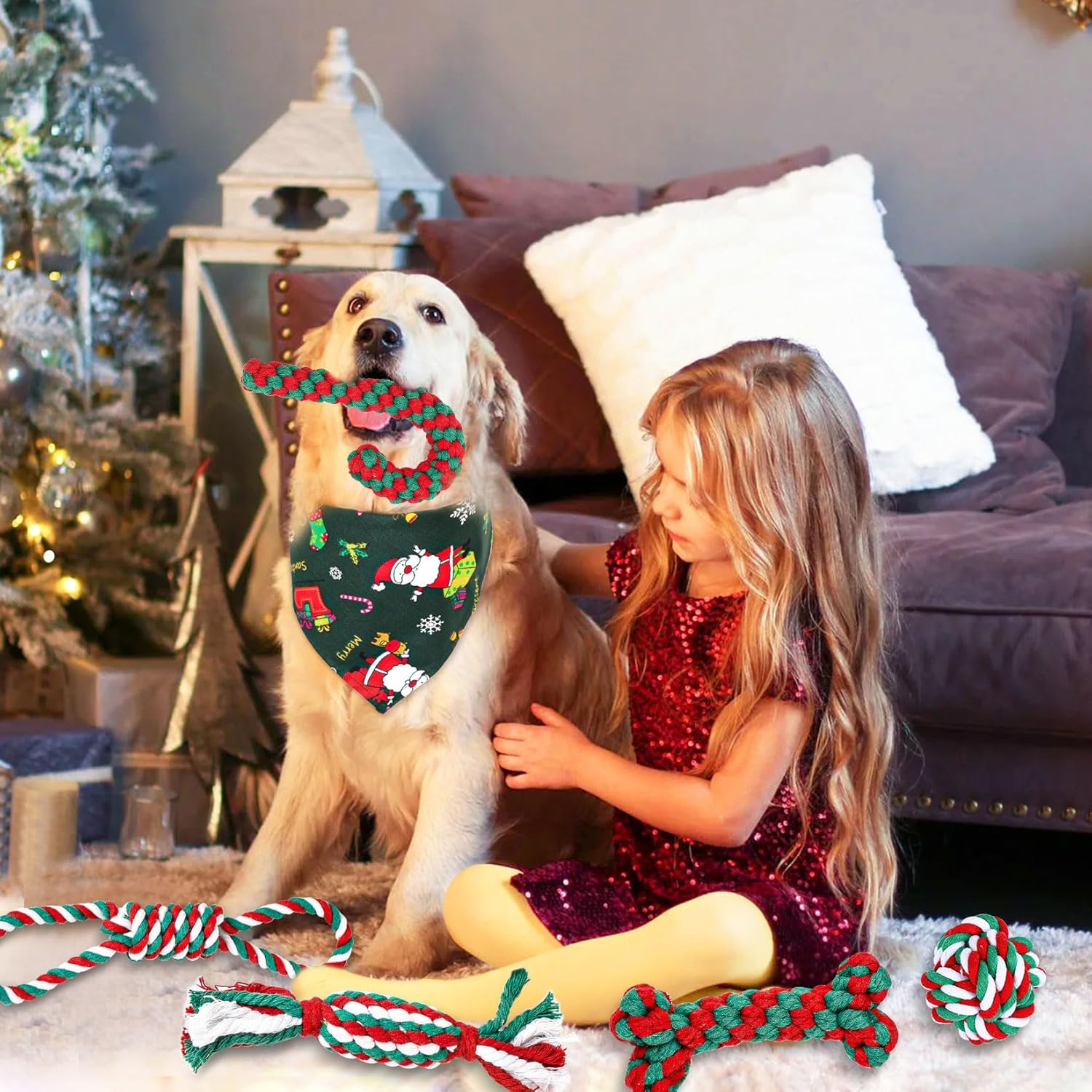 Pack of 6 Dog Toys Christmas, Gift Christmas Includes 5 Dog Toys Rope Natural Cotton & 1 Green Dog Bandana, Dog Chew Toy Christmas Dog Toy Candy Cane image number 1