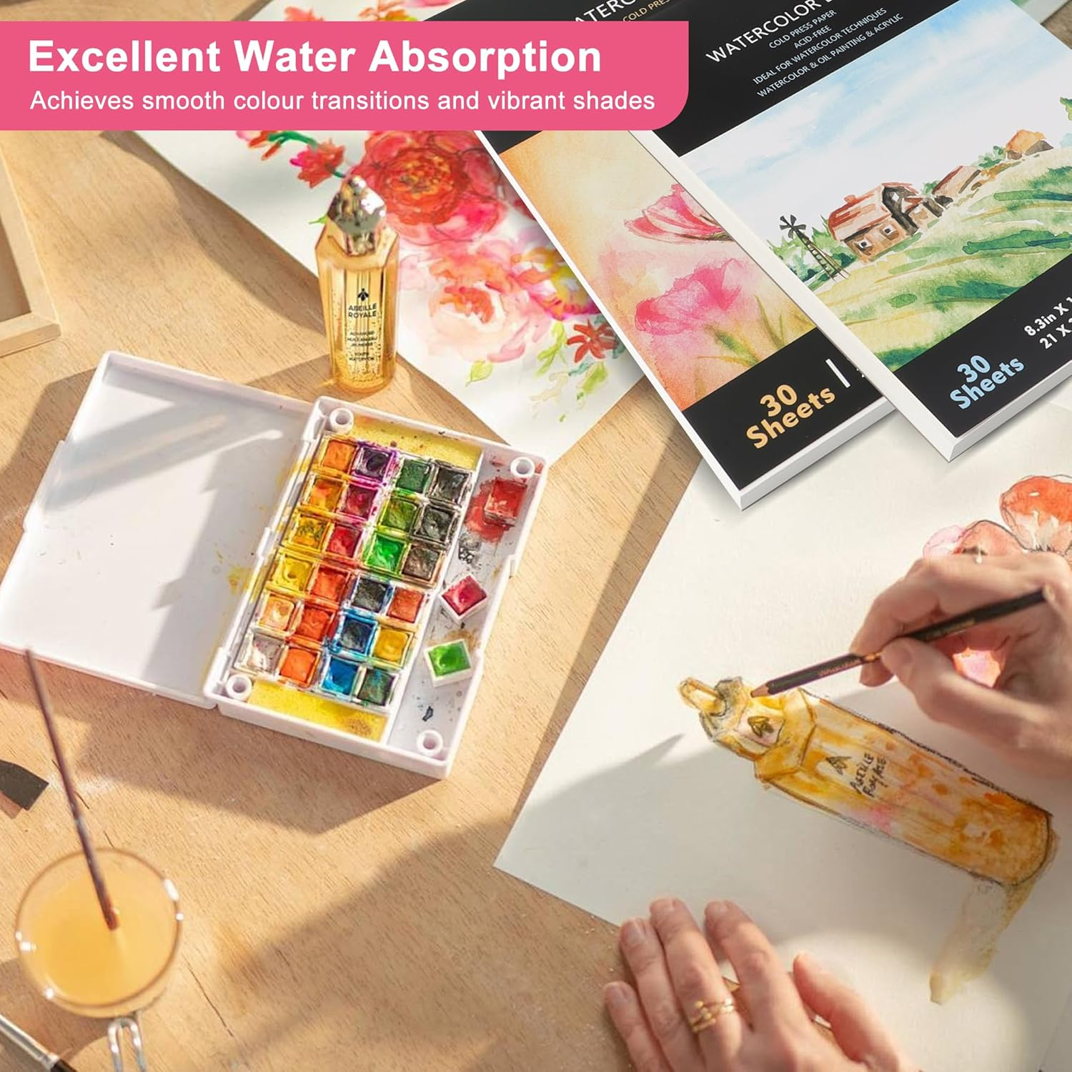 JUNART A4 Watercolour Paper Pad,Good Pigment Dispersion and Colour Adhesion Sketchbook,Perfect for Adults & Kids Indoor and Outdoor Creations,Travel-Friendly(House) image number 1