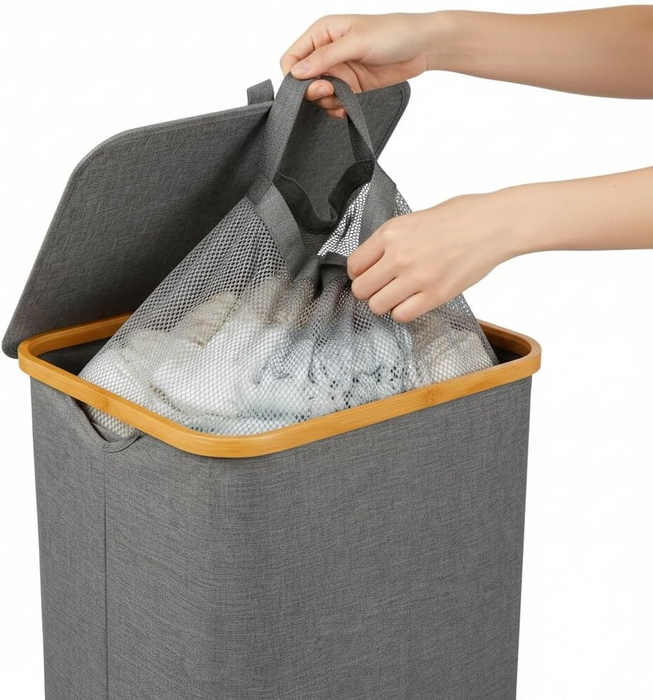 OKAM 100L Laundry Basket with Lid &ndash; Large Collapsible Clothes Hamper with Removable Inner Bag & Bamboo Frame &ndash; Waterproof Laundry Organizer for Bedroom, Bathroom & Laundry Room image number 1