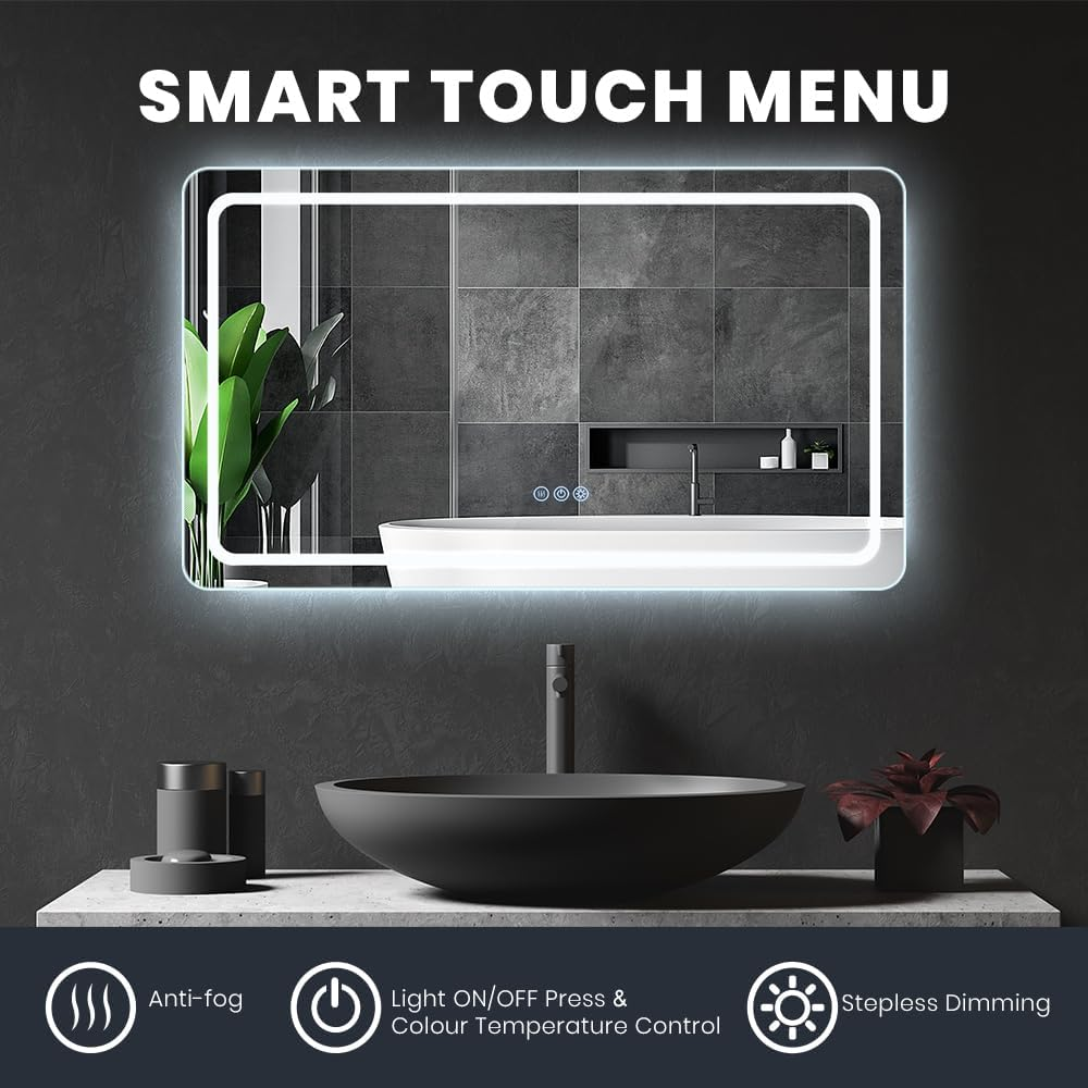 Simplus LED Wall Mirror Bathroom Mirrors for Wall Mounted Anti-Fog 3 Colors Dimmable Lighting Smart Touch Switch Vanity Makeup Mirror 120X70Cm