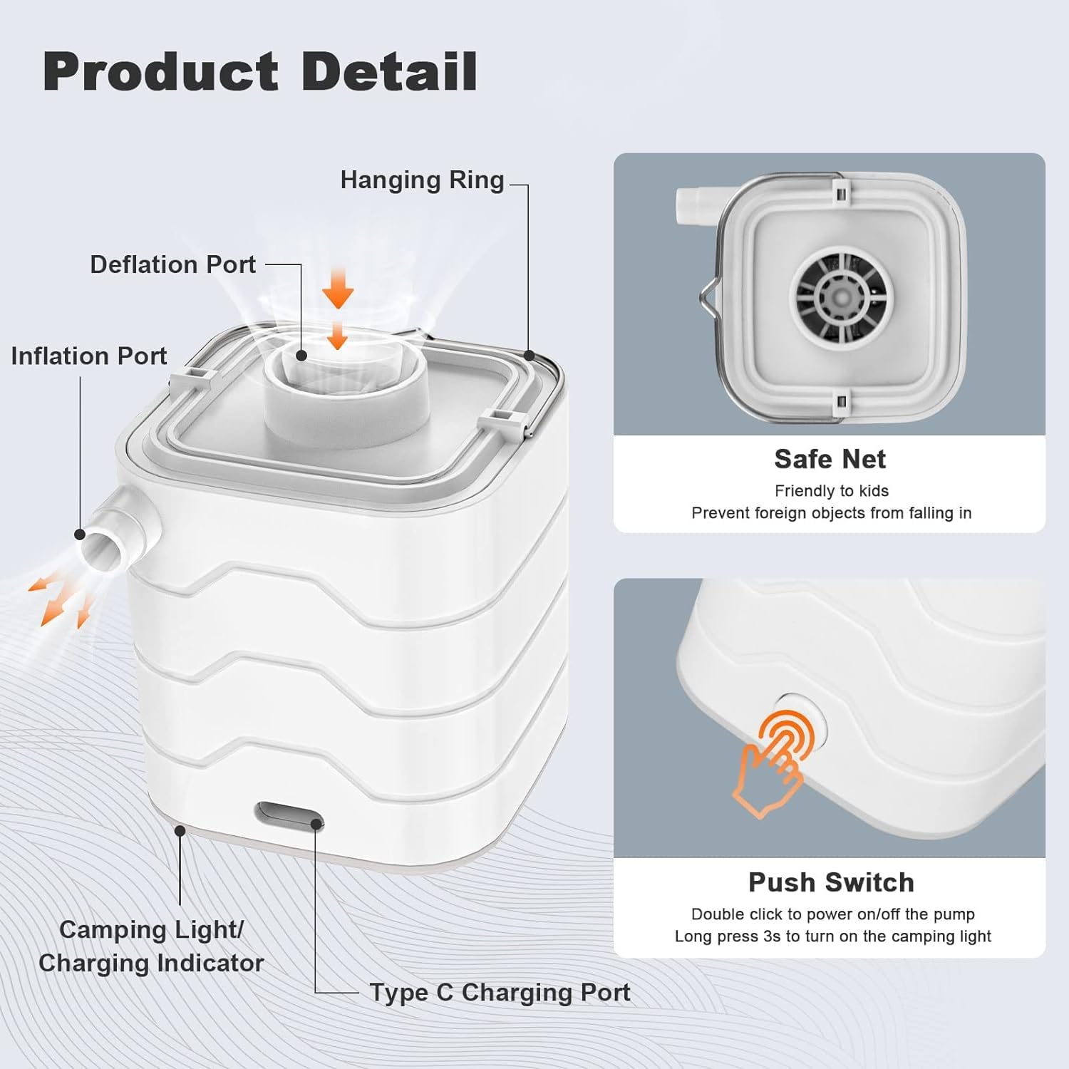 Portable Air Pump, Beedove Mini Air Pump with Camping Light, 2400Mah Battery USB Rechargeable, 5 Nozzles Quick Inflate Deflate Pump for Swimming Ring Pool Toys Air Mattress Bed Vacuum Storage Bags image number 1