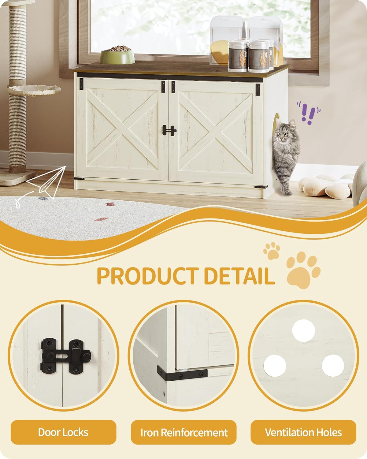 Hzuaneri Cat Litter Box Enclosure, Hidden Litter Box Furniture with Removable Dividers, Reversible Entrance Left or Right Side,Cat House, 39.4 X 21.7 X 23.6 Inches, Rustic White and Brown CB84714X