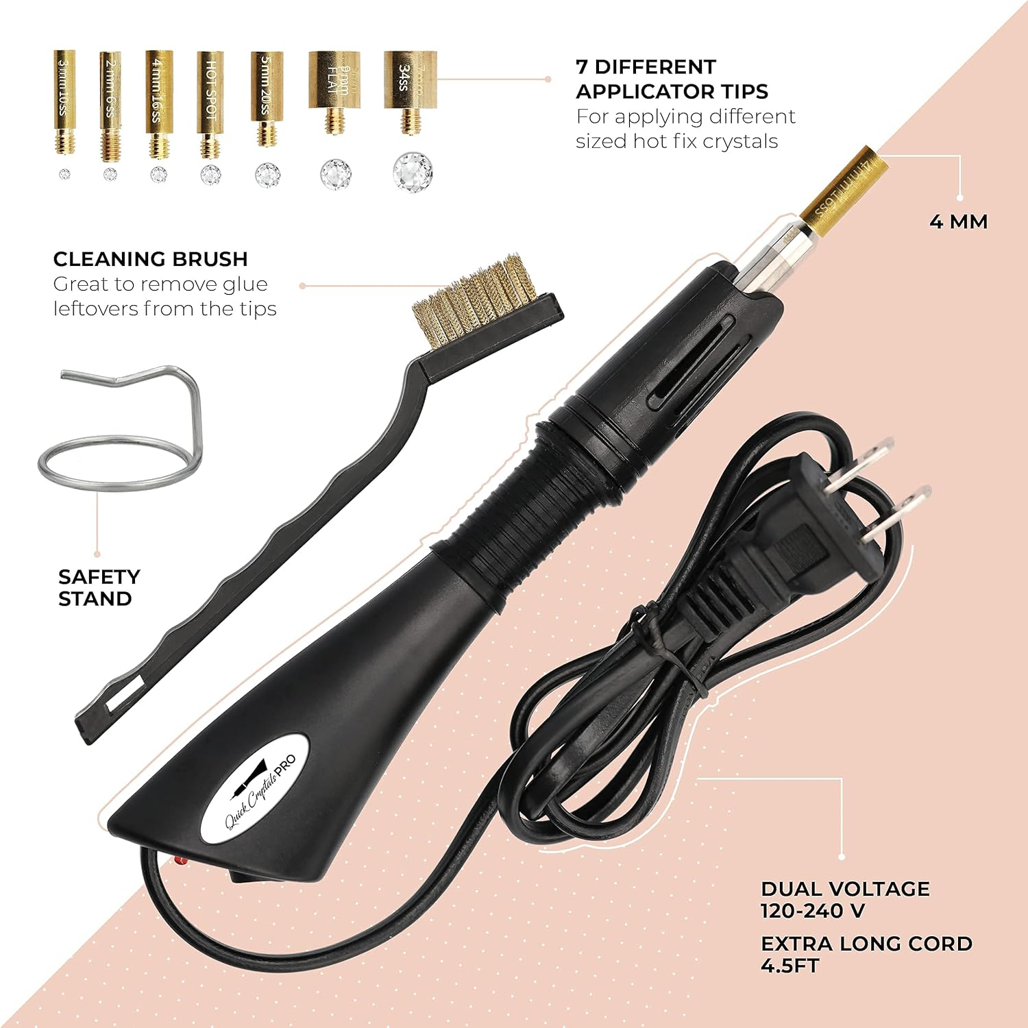 Hotfix Applicator, Quick Crystals Pro, Bedazzler Kit with Rhinestones, DIY Wand Setter Tool Kit with 7 Different Tip Sizes, Tweezers, Cleaning Brush, User Manual, and 4400 Rhinestones.