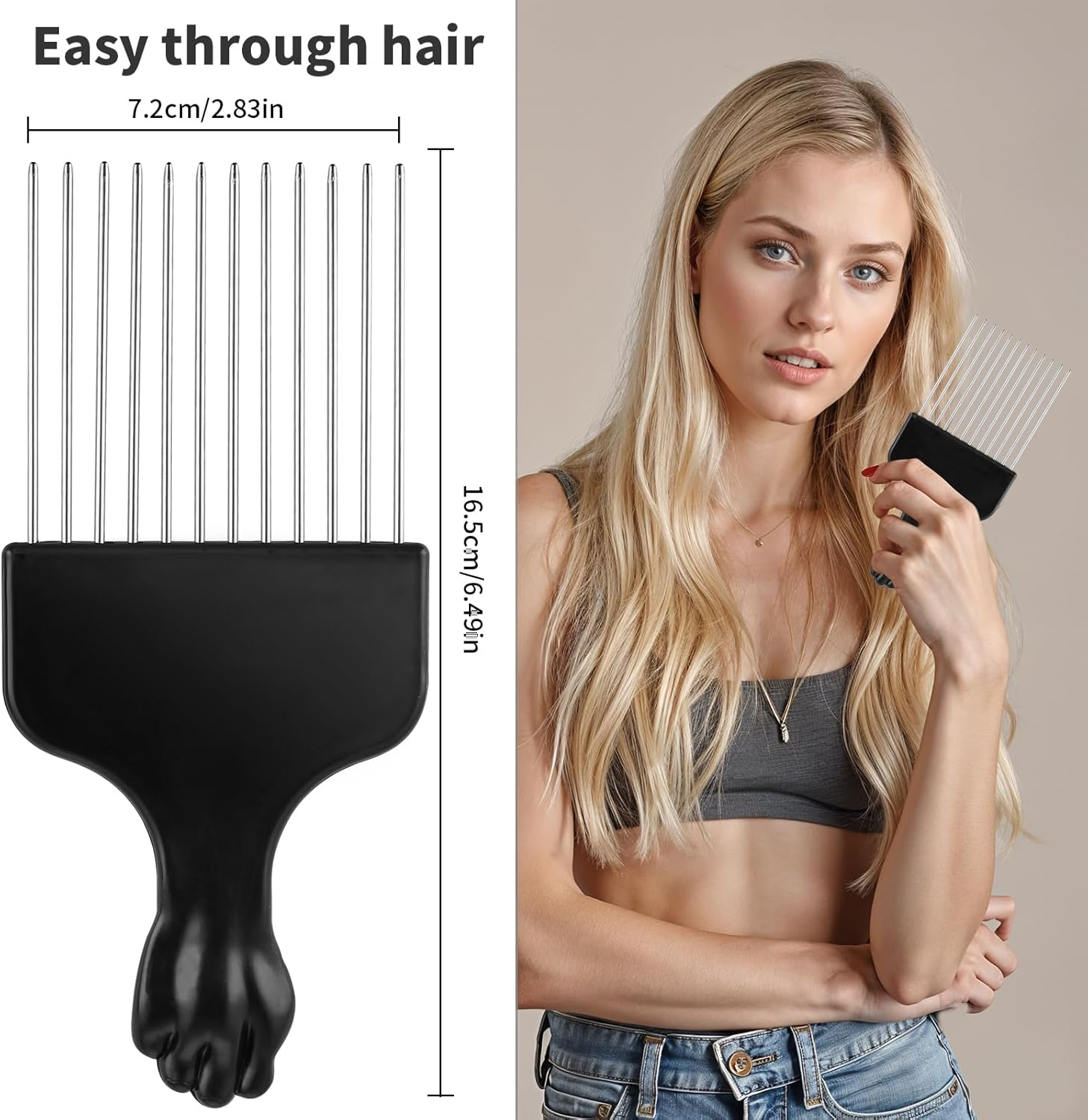 2 Pack Hair Picks for Afro, Curly Styling for Detangling and Styling, Hair Pick- Metal Hairdressing Tools for Women and Men (Black) image number 5
