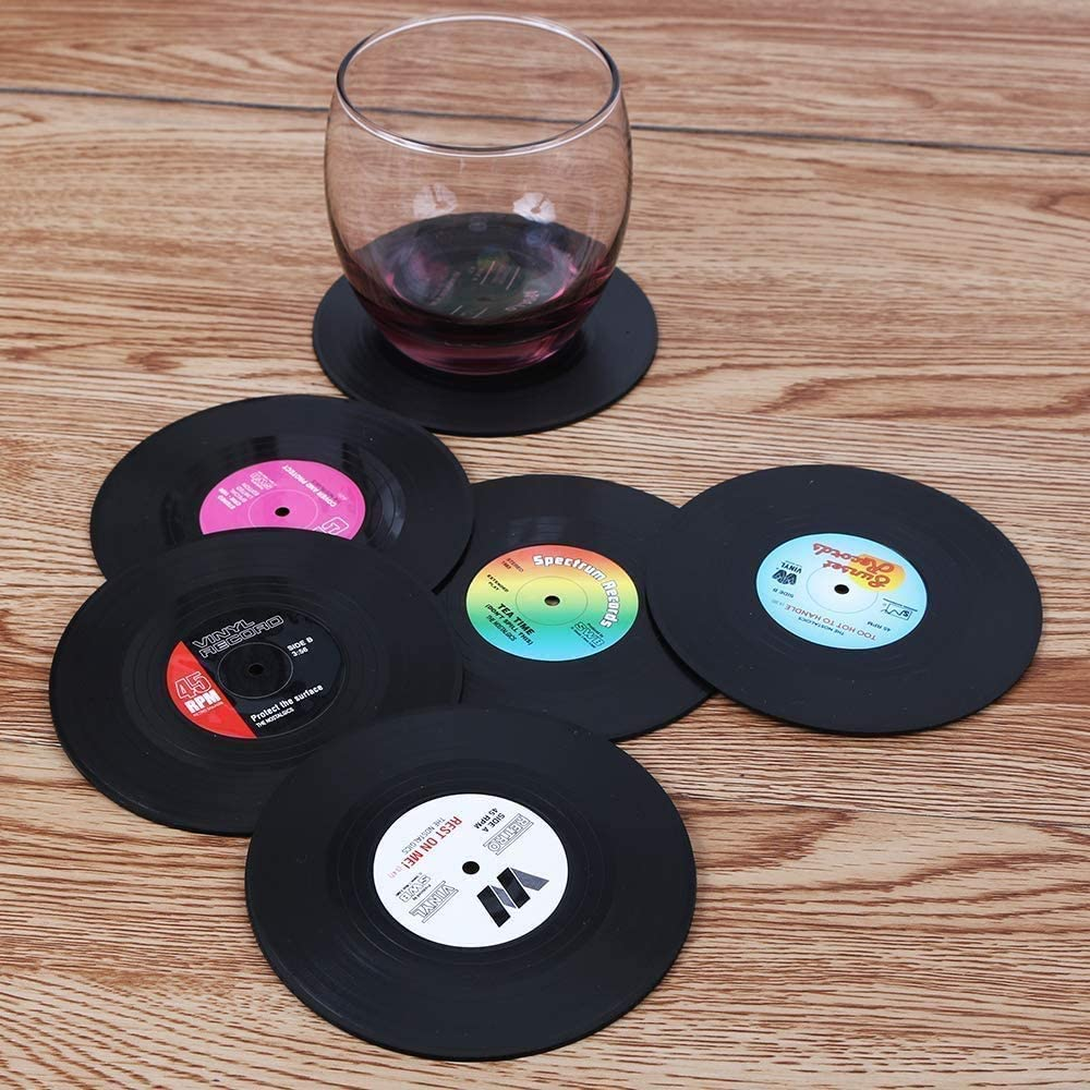 Cute Retro Music Coasters, 6Pcs Vinyl Record Cup Mat Retro Disk Drink Coaster for Music Lovers, Vinyl Record Style Drinking Coasters with Player Holder, 4.3Inch image number 4