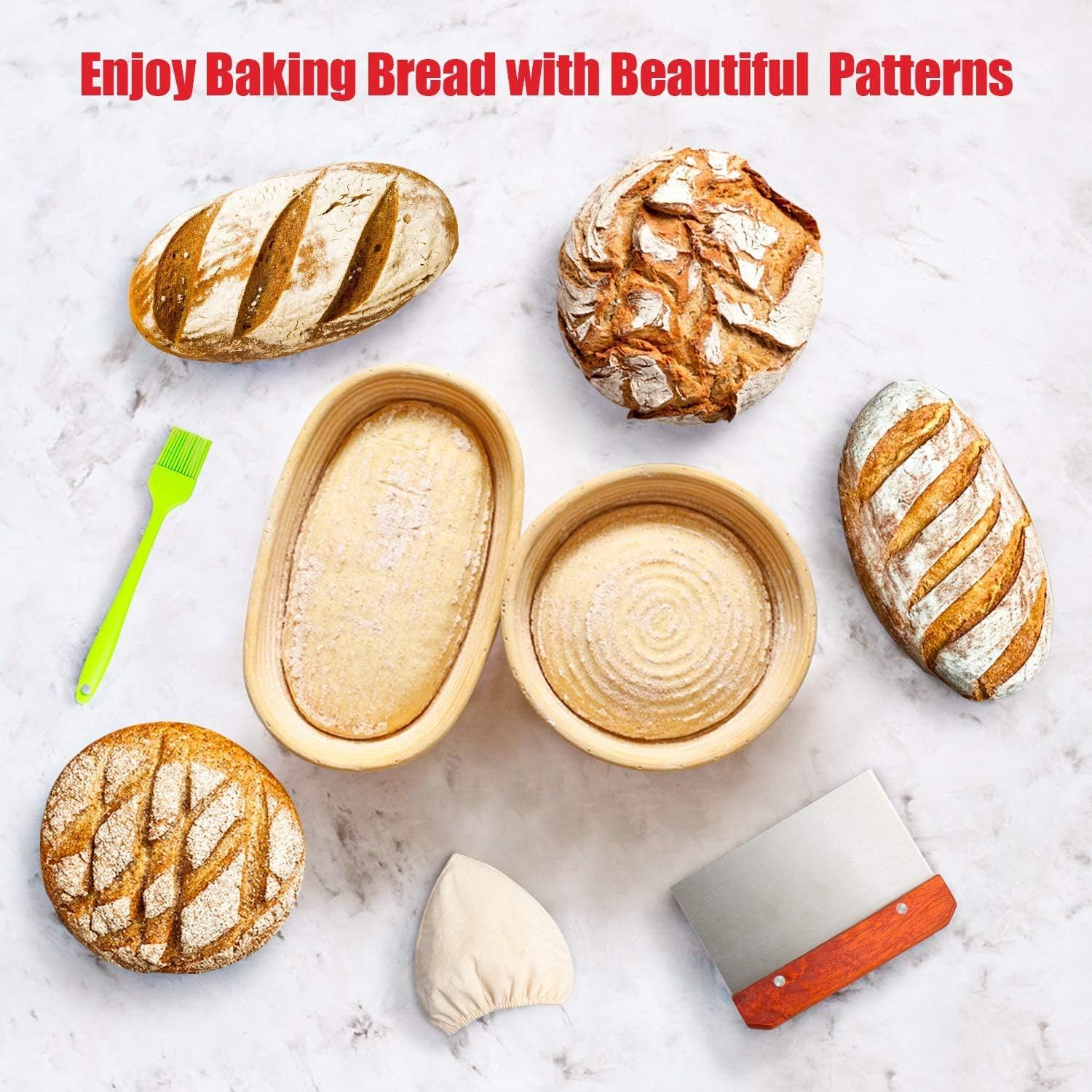 Bread Proofing Basket, Set of 2, 9 Inch round and 10 Inch Oval Banneton Sourdough Baskets with Bread Lame + Dough Scraper + Linen Insert + Pastry Brush for Bread Making, Baking Fermentation image number 2