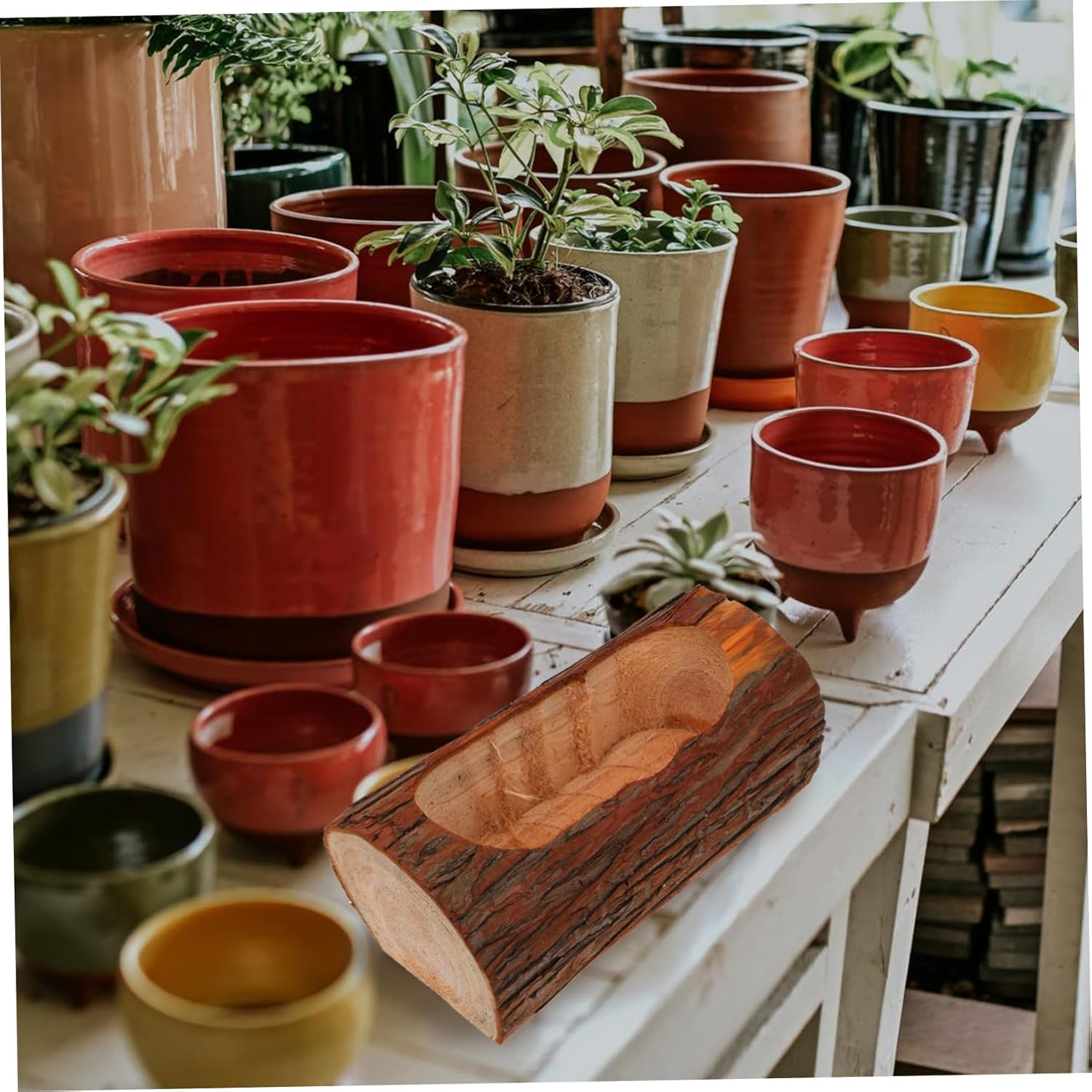 Rustic Wooden Flowerpot for Outdoor Plant Succulent Garden Decor Plant Pot image number 2