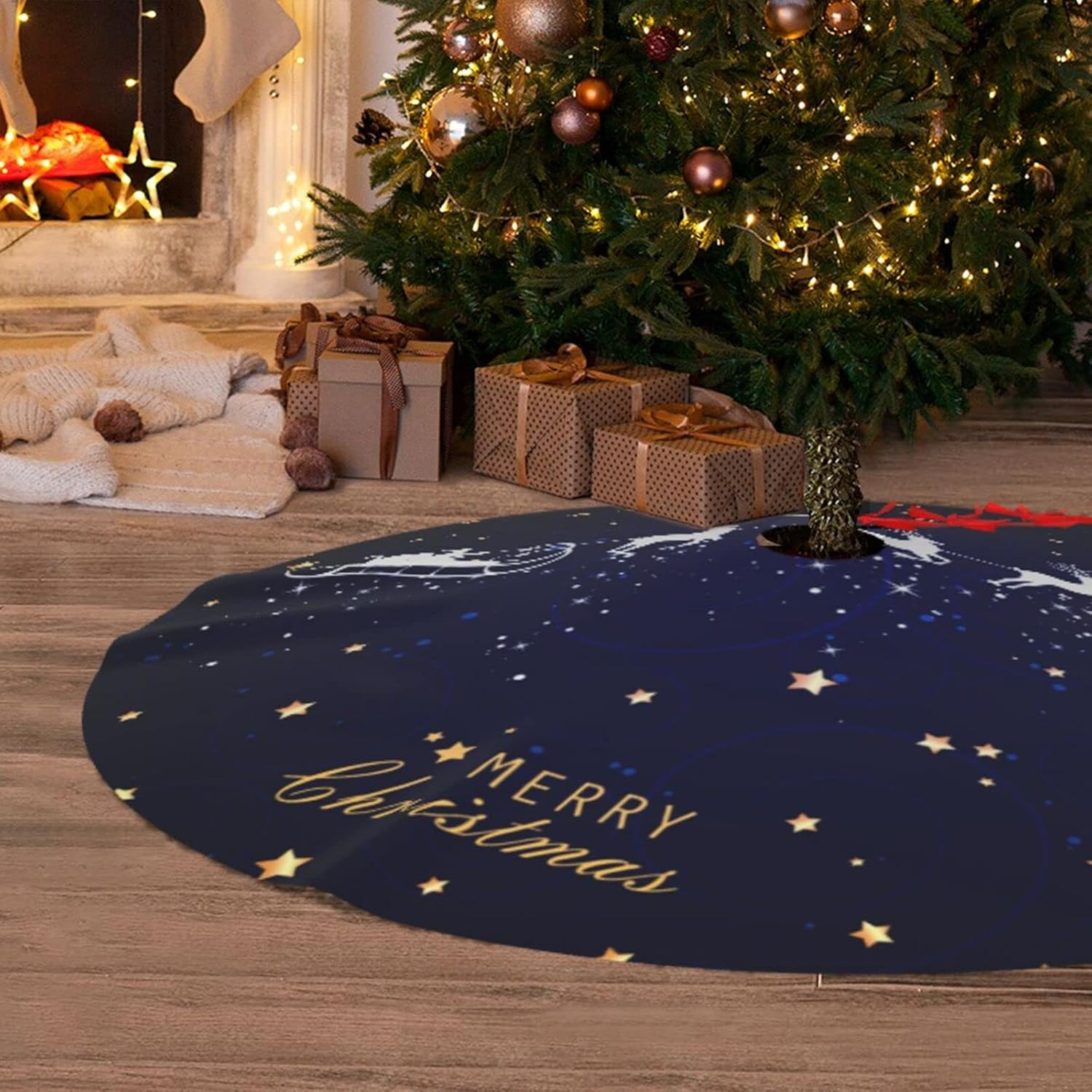 Christmas Tree Skirt Navy Blue Christmas Deer Star Santa 36 Inch for Xmas New Year Nightmare before Christmas Decorations Lobby Home image number 2