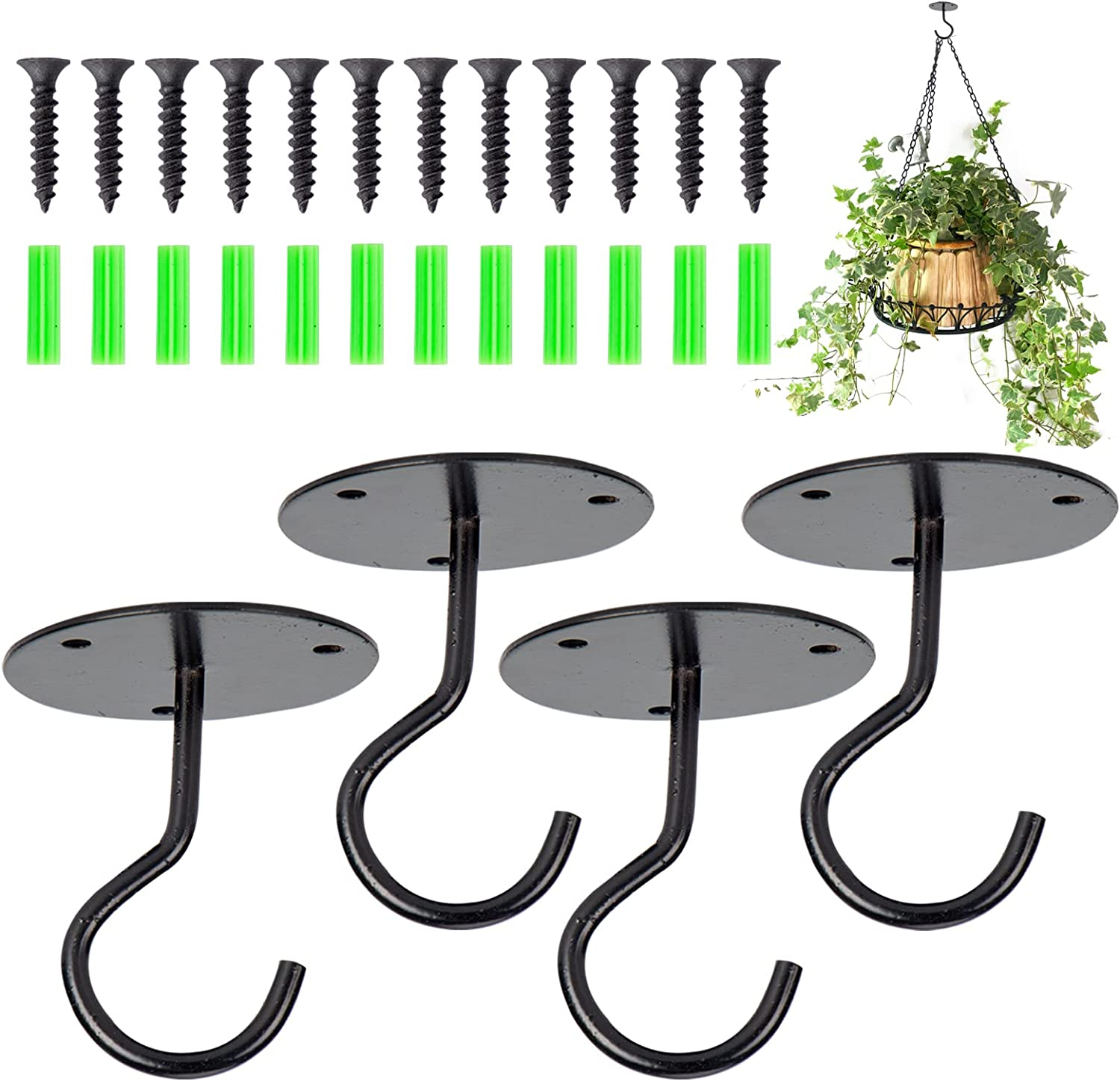 4PCS Iron Ceiling Hooks for Hanging Plants, Metal Heavy Duty Bracket Wall Mount Lanterns Hangers for Bird Feeders Lanterns Wind Chimes Planters Outdoor Decoration
