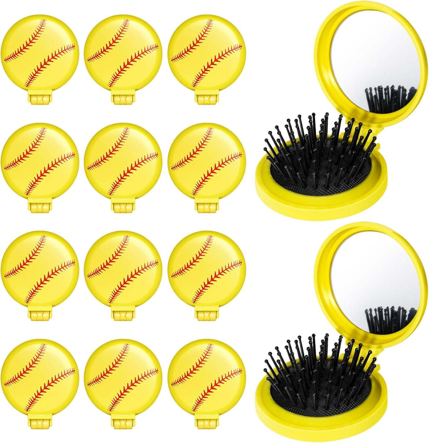 12 Pcs Softball Mini Detangler Brush, Folding Mirror Hair Brushes, Mini Travel Hair Brush, No Tangle Soft Flexible Bristles for Straight, Curly, Thick Hair for Softball Team Gift Sport Party image number 3