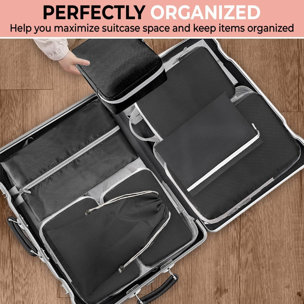 Unipro GOODS- Travel Bag Luggage Organizers 8 Piece Set- Compression Packing Cubes for Suitcases, Drawstring Pouch and Shoe Bag, Travel Accessories, More Lightweight and Durable image number 2