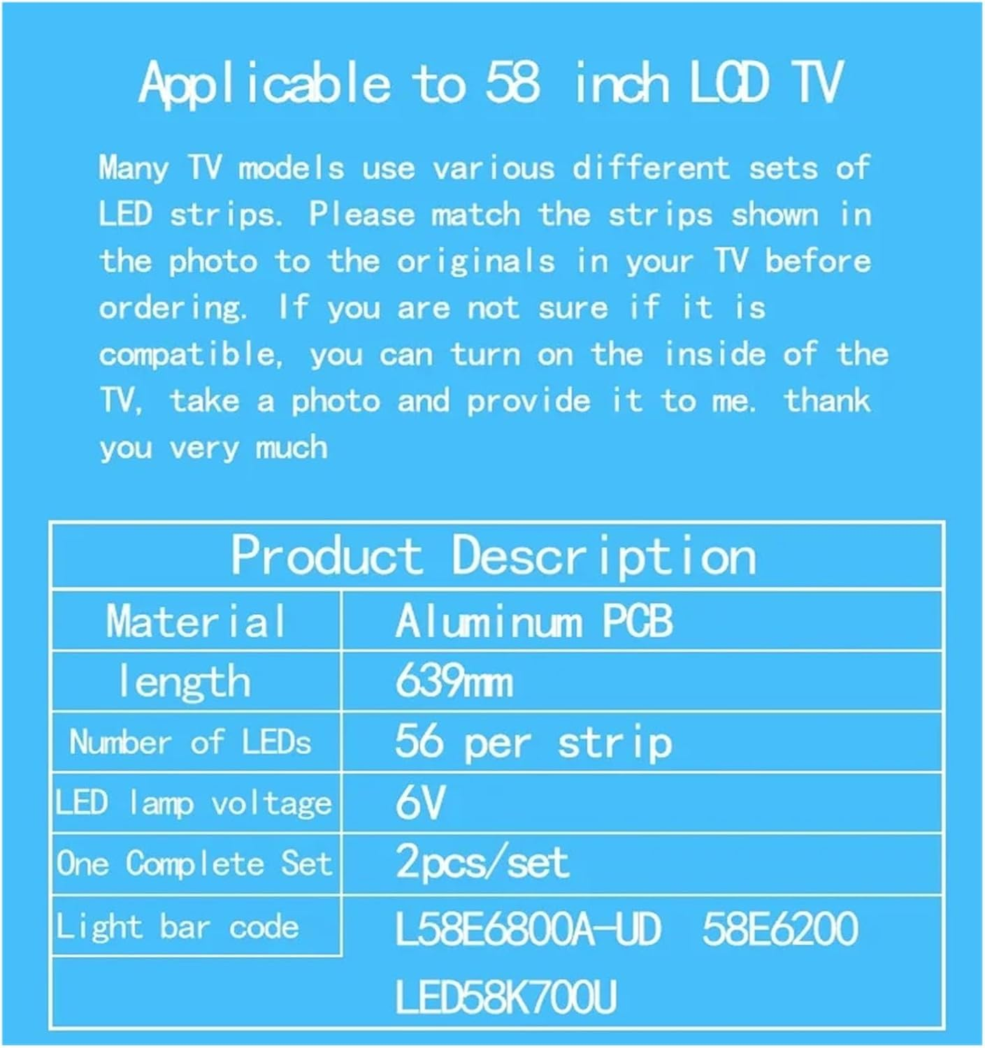 LED TV Backlight Strip for 6202B000A0200 6202B0009Z300 V580DJ2-KS5 L58E6800A-UD 58E6200 LED58K700U LED58T60U E150504 E117098 image number 5