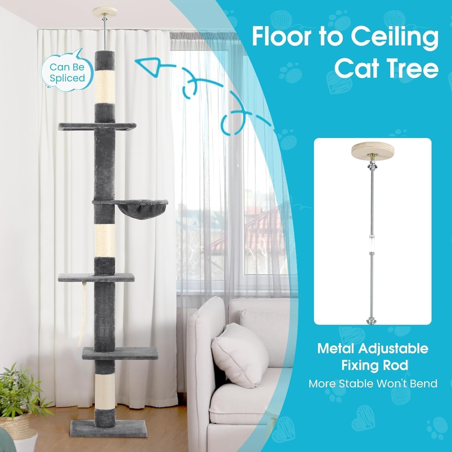 Cat Tree Floor to Ceiling, 5-Tier Cat Tower with Cozy Hammock, 220-274Cm Adjustable Height, Sisal Cat Scratching Post Provide Cats Vertical Enrichment to Jump and Climb (Dark Grey) image number 3