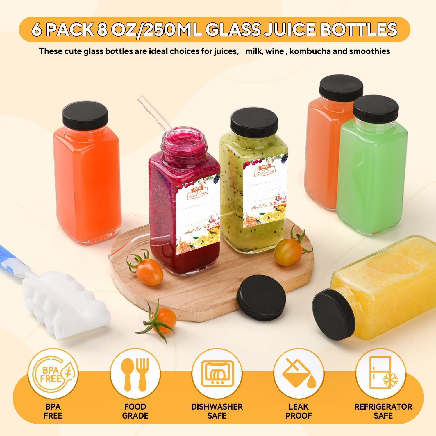 V&middot;Colokishi Pack of 6 250 Ml Square Glass Bottles with Glass Straws, Airtight, Durable, Versatile for Drinking, Food Storage, School, Outdoor, Crafts, On-The-Go image number 2