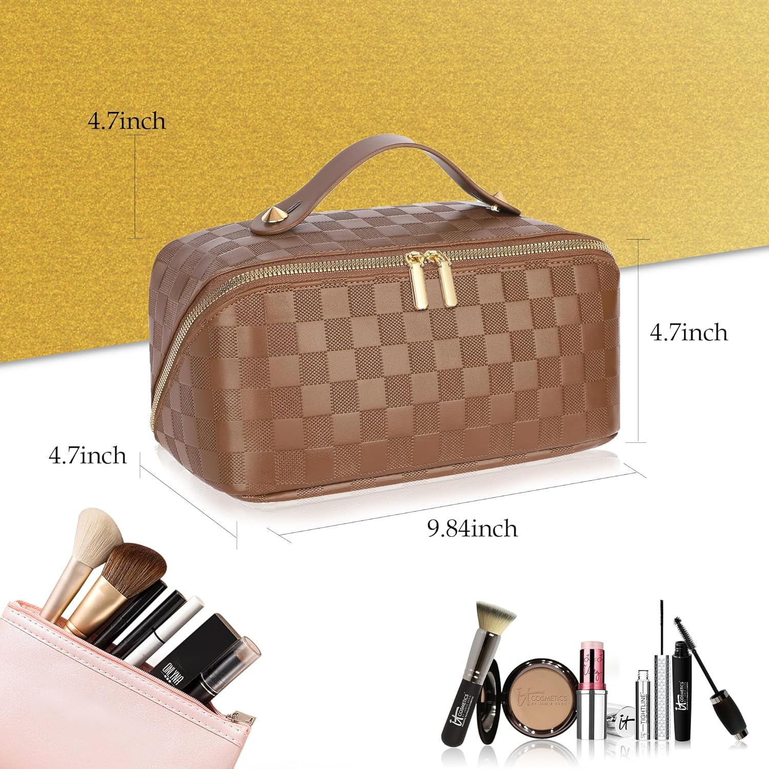 Portable Makeup Bag,Jovala Large Capacity Travel Cosmetic Bag Checkered PU Leather Women'S Holiday Multifunctional Makeup Bag Washable,With Handle and Divider (Brown)