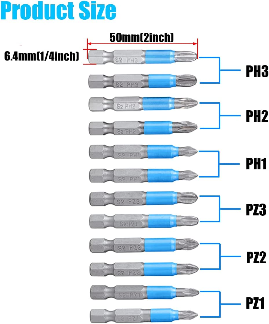 Yakamoz 12Pcs Magnetic anti Slip Phillips Screwdriver Bit Set, 1/4 Hex Shank, PZ1, PZ2, PZ3, PH1, PH2, PH3, 50Mm image number 1