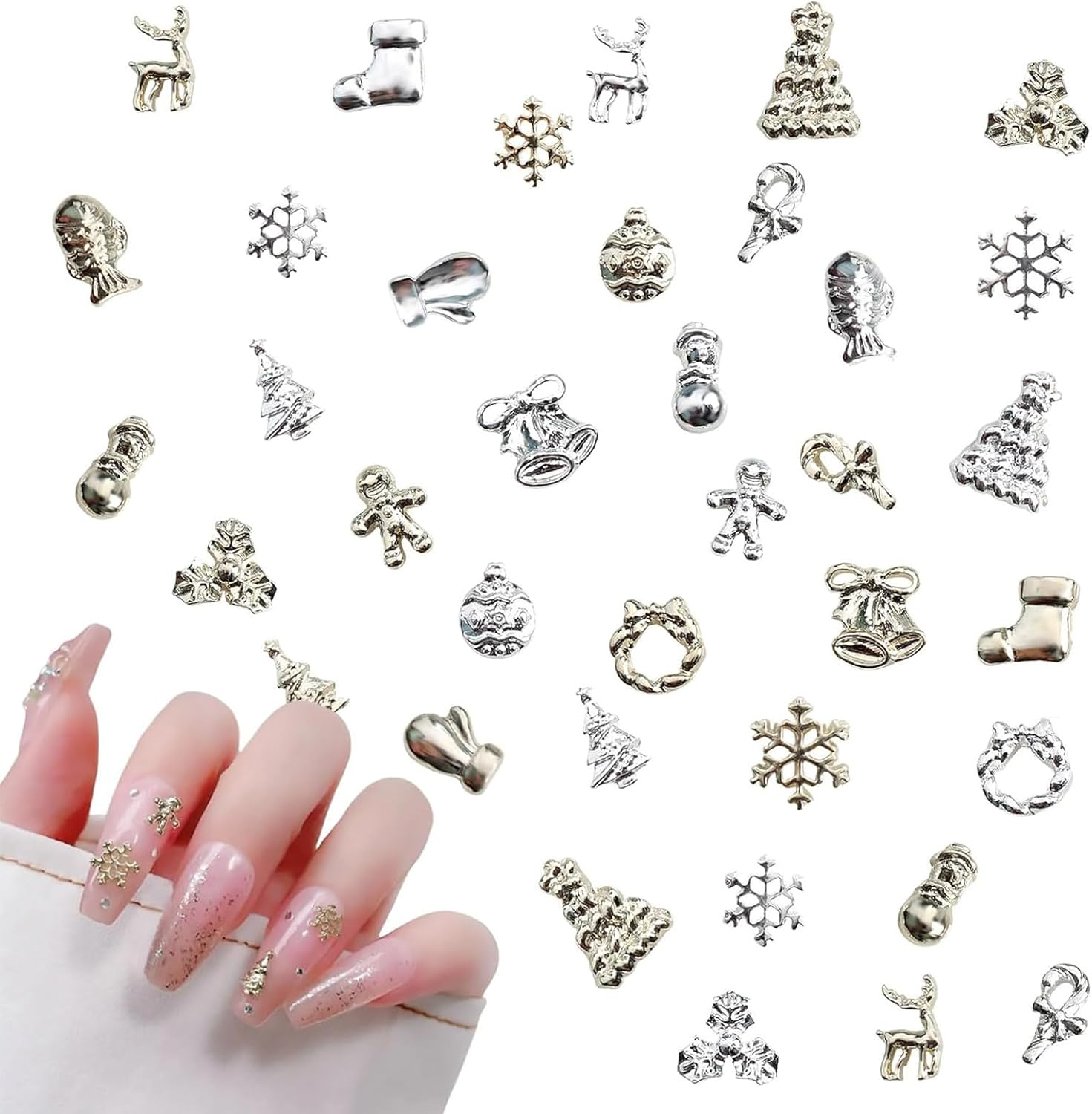 Itadaku 60 PCS Alloy 3D Christmas Nail Decorations Set, Snowflake Bell Snowman Elk Designs, DIY Ornaments, Metallic Nail Charms for Holiday image number 2