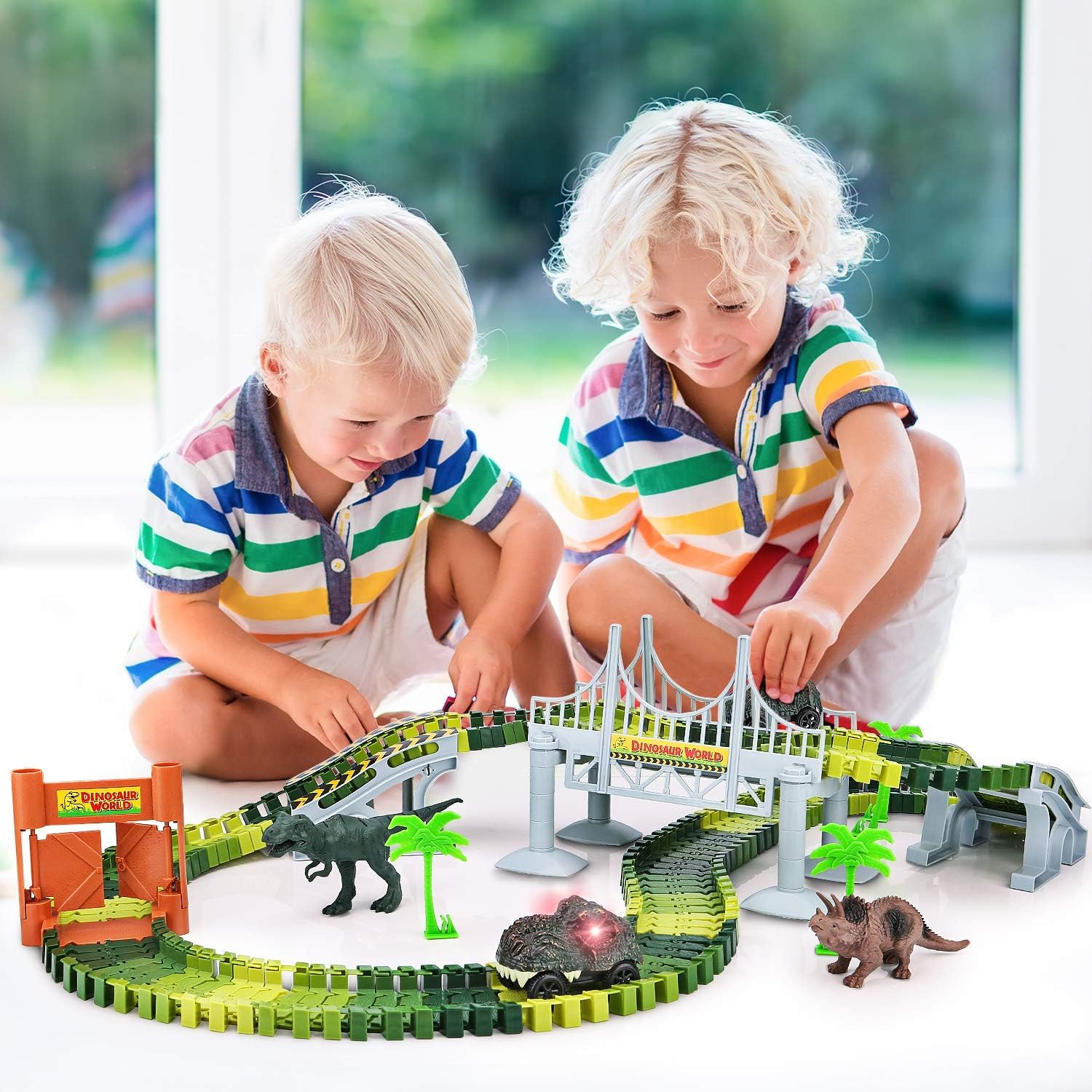 Dinosaur Toys,Dinosaur Train,Race Car Track, Create a Dinosaur World Road Race,Flexible Track Playset and 2 Pcs Cool Dinosaur Cars for Kids 3-5 Best Gift image number 2