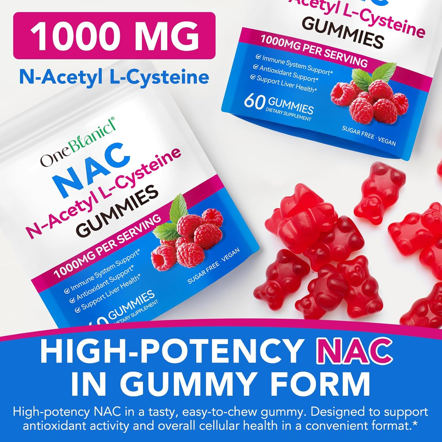 NAC N-Acetyl L-Cysteine Gummies | 1000Mg per Serving | Raspberry Flavour | 60 Vegan Gummies image number 4