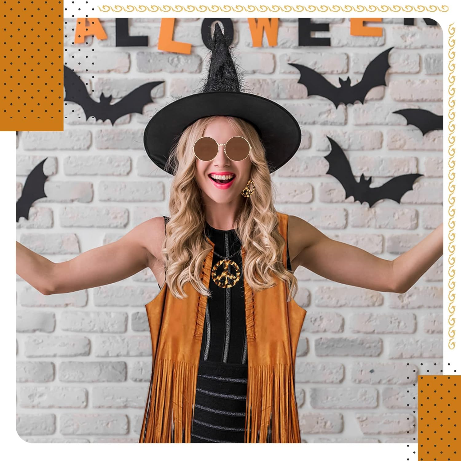 6Pcs Hippie Costume Clothes Accessories for Women, 60S 70S Fancy Dress Hippy Set Disco Outfits for Halloween Carnival image number 4