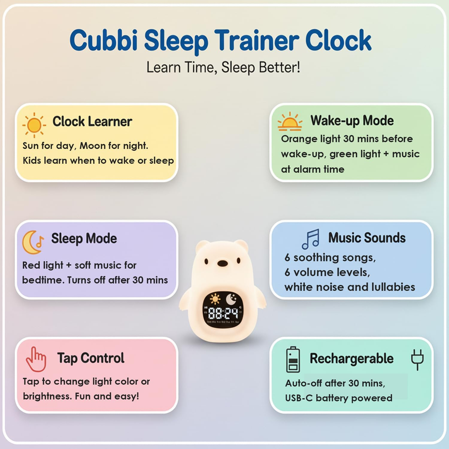 Home.X Cubbi Sleep Trainer Night Light for Kids Gen.2 - Clock Learner Alarm Clock with Wake-Up Light, Sleep Mode, Music & White Noise Soother, Tap Control Colors, Soft Silicone, Rechargeable Sleep Aid image number 3
