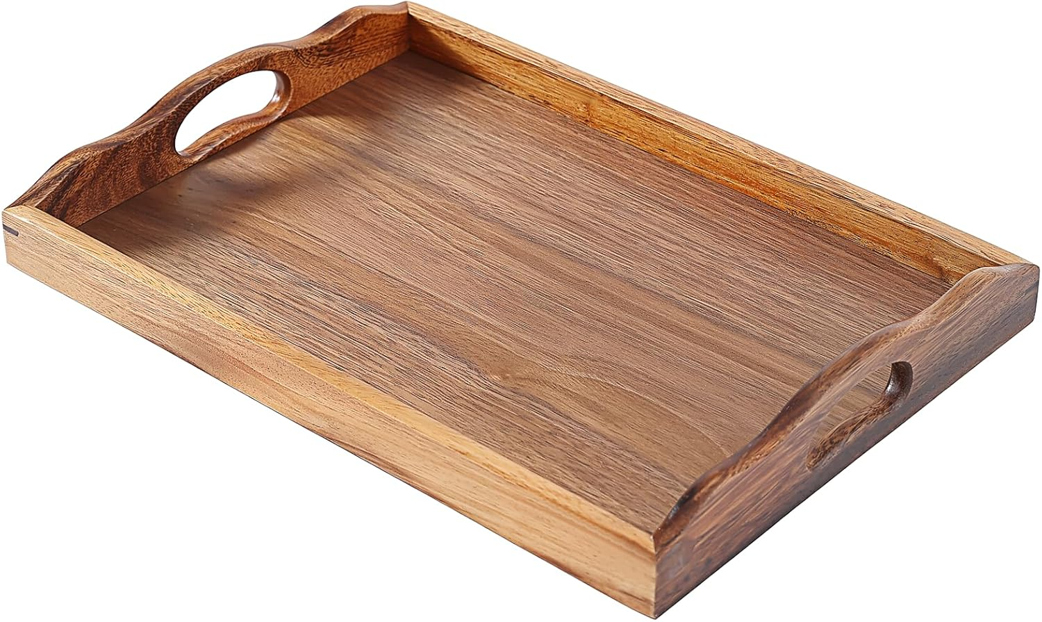 MOOKOMI Nature Walnut Wooden Serving Tray with Handles, Solid Wood Food Tray for Coffee, Breakfast, Dinner, Ottoman,16.6X11.8X2.4 Inches image number 5