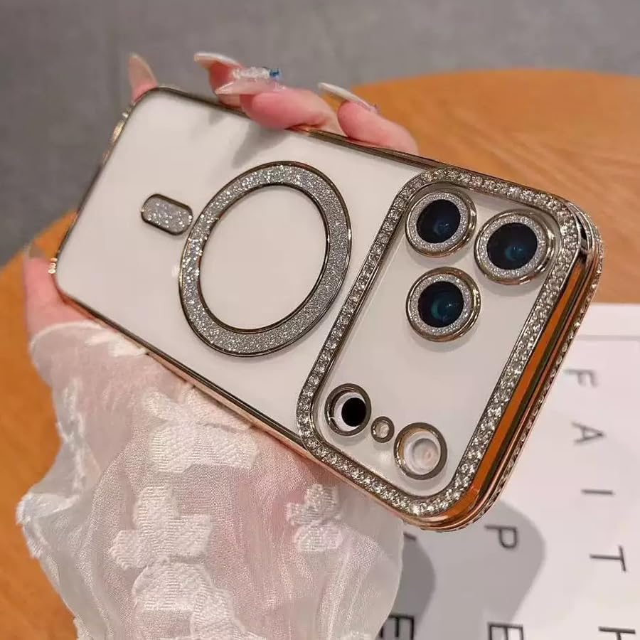 AMITOME Cute Glitter Case for Iphone 17 Pro Max 6.9 Inch,Sparkle Diamond Camera Cover & Shockproof [Compatible with Magsafe] Stylish Durable TPU Protective Phone Cover for Women & Girls-Gold