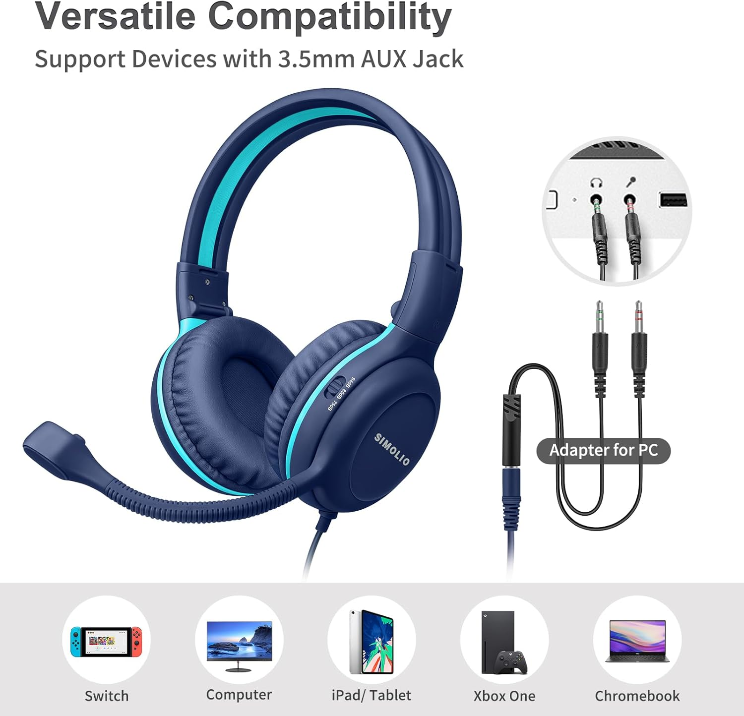 SIMOLIO Kids-Headphones with Microphone for Ipad Laptop, Wired Children Headphone -School W/ 75/85/94Db Volume Limiting, Noise Cancelling Kids Safe Headsets with Cord for Boys, Girls, Teens (Blue)