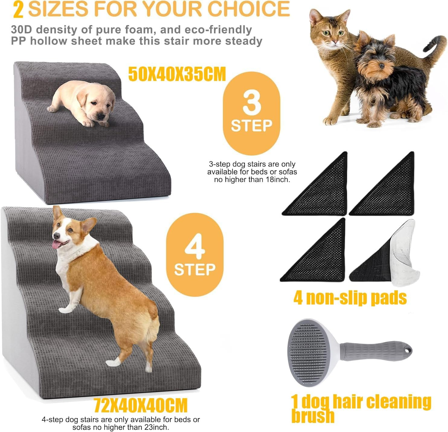 Dog Stairs for Small Dogs, Dog Steps for High Bed and Couch, High-Density Foam Pet Steps, Non-Slip Removable Washable Cover Get on Bed for Couch Sofa Bed Grey, Grey (Gray, L, 3) image number 1