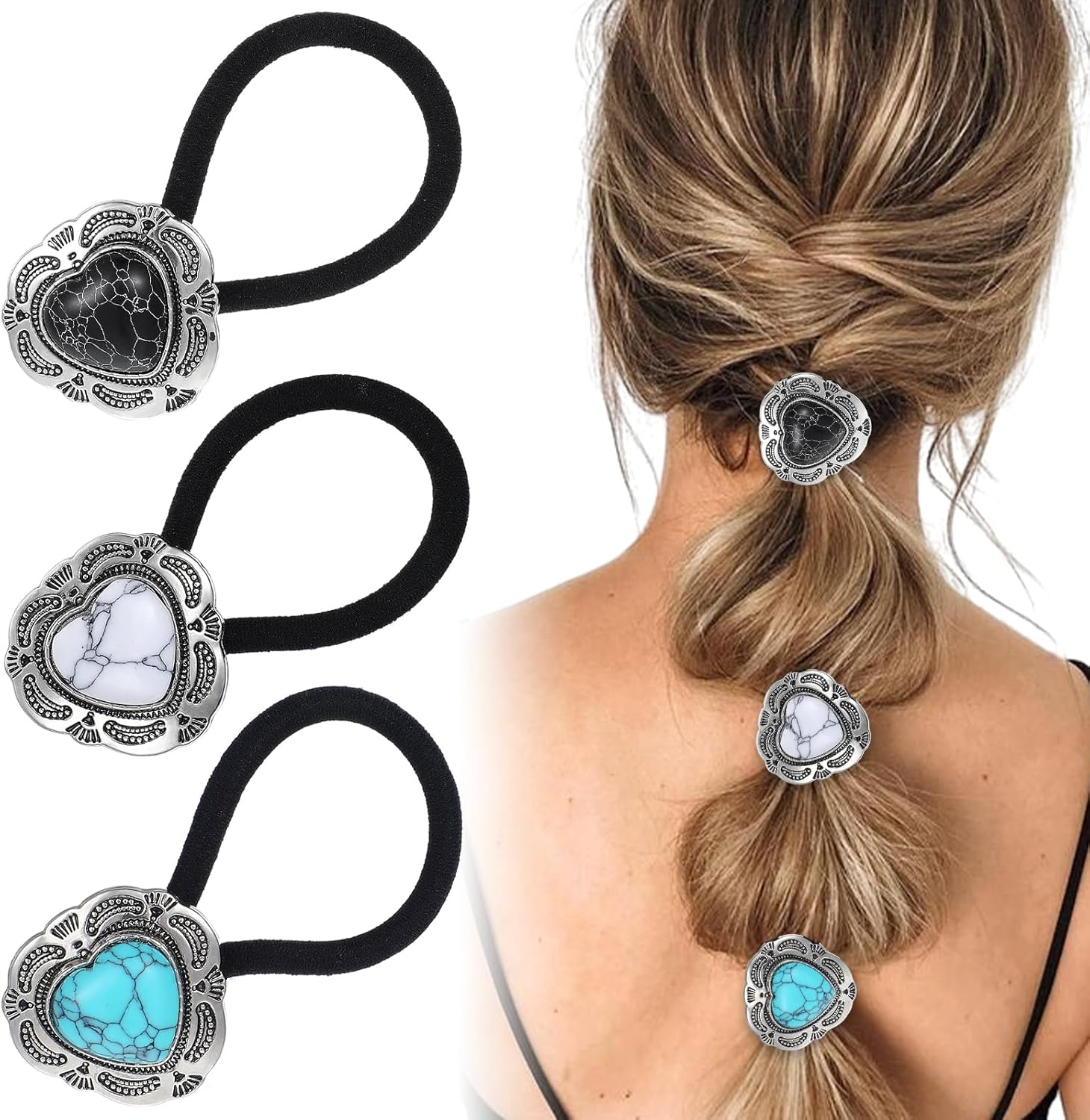 Ouligay 3 Pcs Western Ponytail Holders,Metal Boho Hair Ties with Turquoise,Boho Hair Ties Bracelet Hair Ties No Damage,Vintage Heart Hair Ropes,Silver Hair Bands,Hair Accessories for Women Girl image number 5