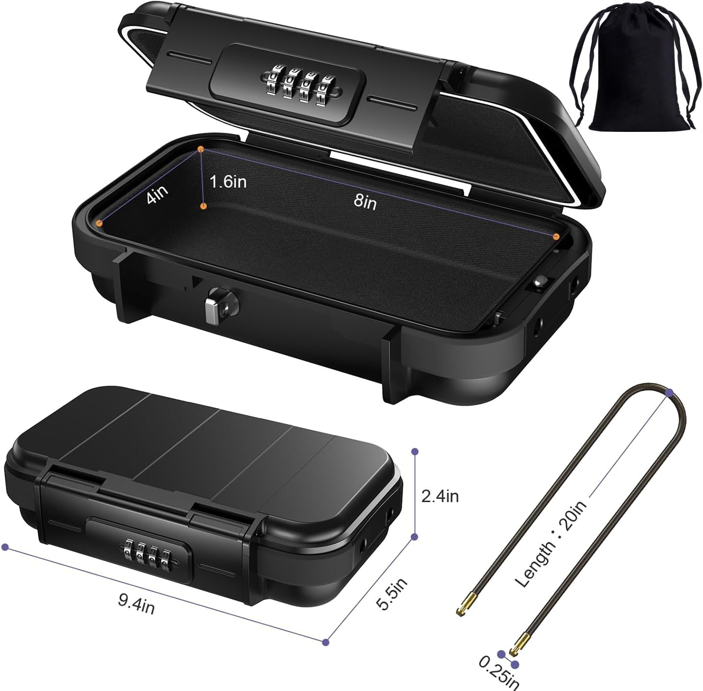 RUNTOO MU Portable Safe Box, Security Lock Case with 4-Digit Code, Waterproof Shockproof Travel Safe Lock Cash Box with Removable Wire Rope for Dorm, Travel, Beach, Hotel, Car, Home, Office image number 5