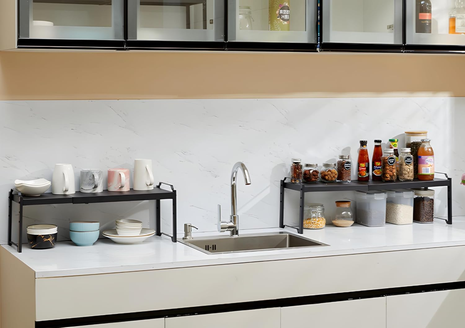 FORYUSE Set of 2 Stackable Cabinet Shelf Expandable Kitchen Storage Countertop Metal Organizer Adjustable Counter Shelves Cupboard Pantry Rack Stand image number 2